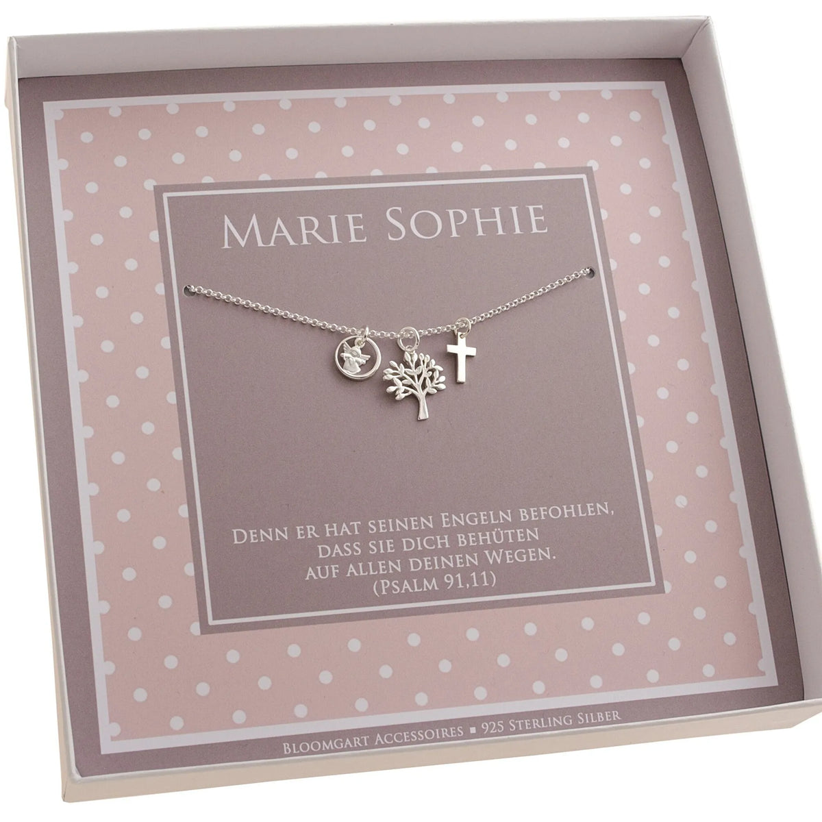 Innenansicht einer personalisierten Geschenkbox im rosa-taupe Pünktchen-Design, hier für Marie Sophie. Unter dem Namen ist eine Gliederkette mit Engel im Ring, Lebensbaum und Kreuz befestigt und mit Taufspruch: 'Denn er hat seinen Engeln befohlen, dass sie dich behüten...' (Psalm 91,11) versehen.
