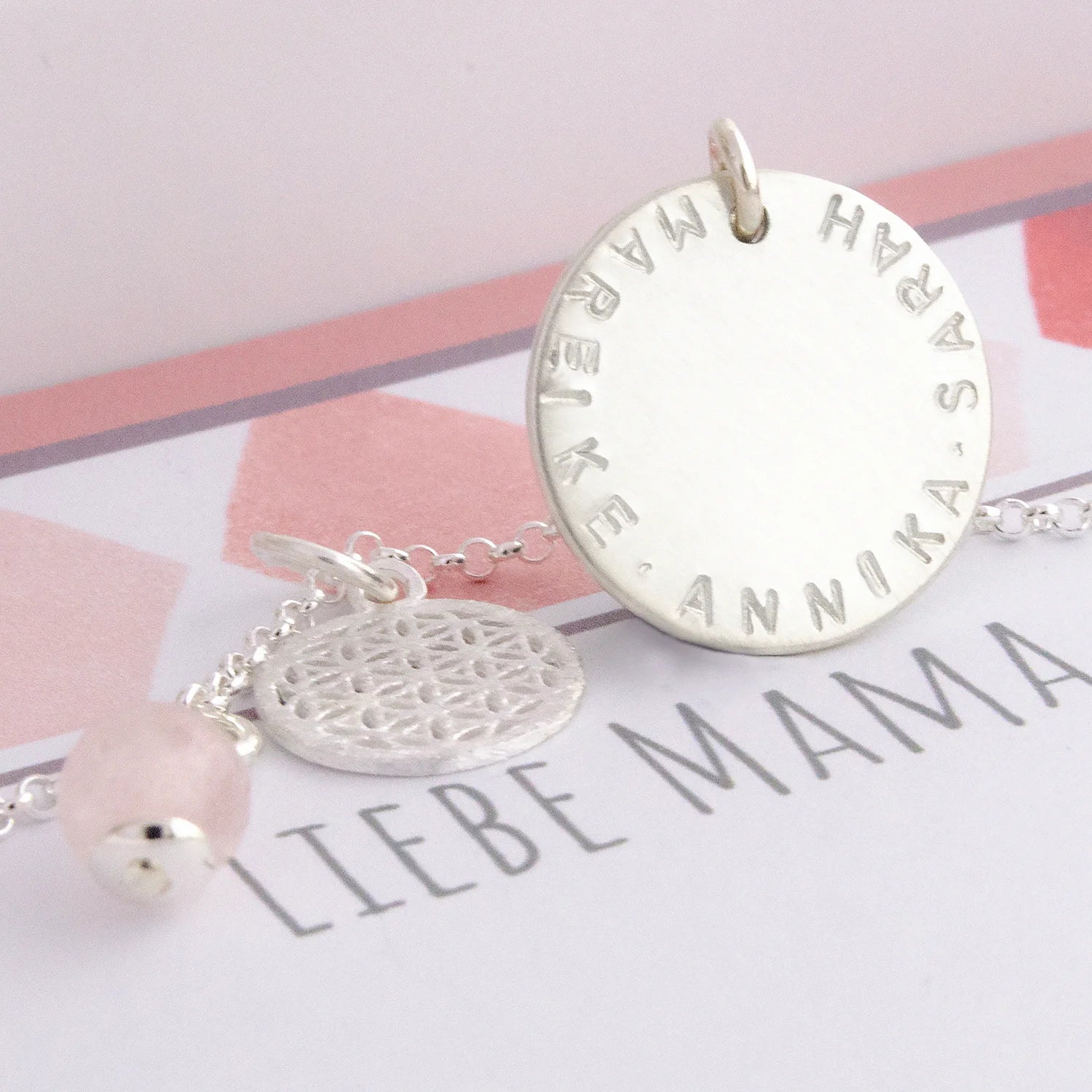 Personalisierte Silberkette Mama mit Namensgravur Lebensblume Rosenquarz