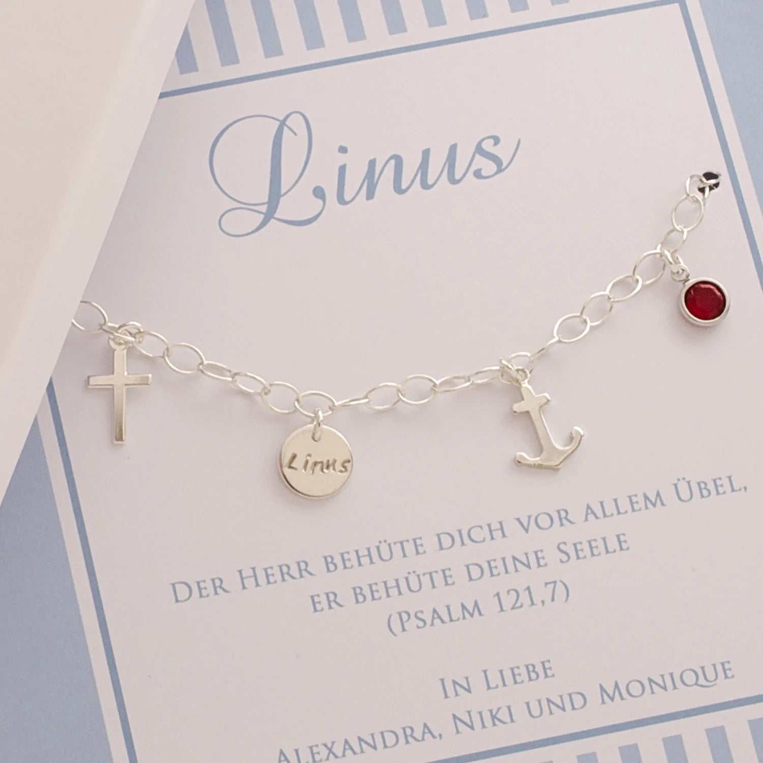 Taufarmband LINUS 925 Silber Kreuz Anker Geburtsstein Namensgravur personalisierte Geschenkbox