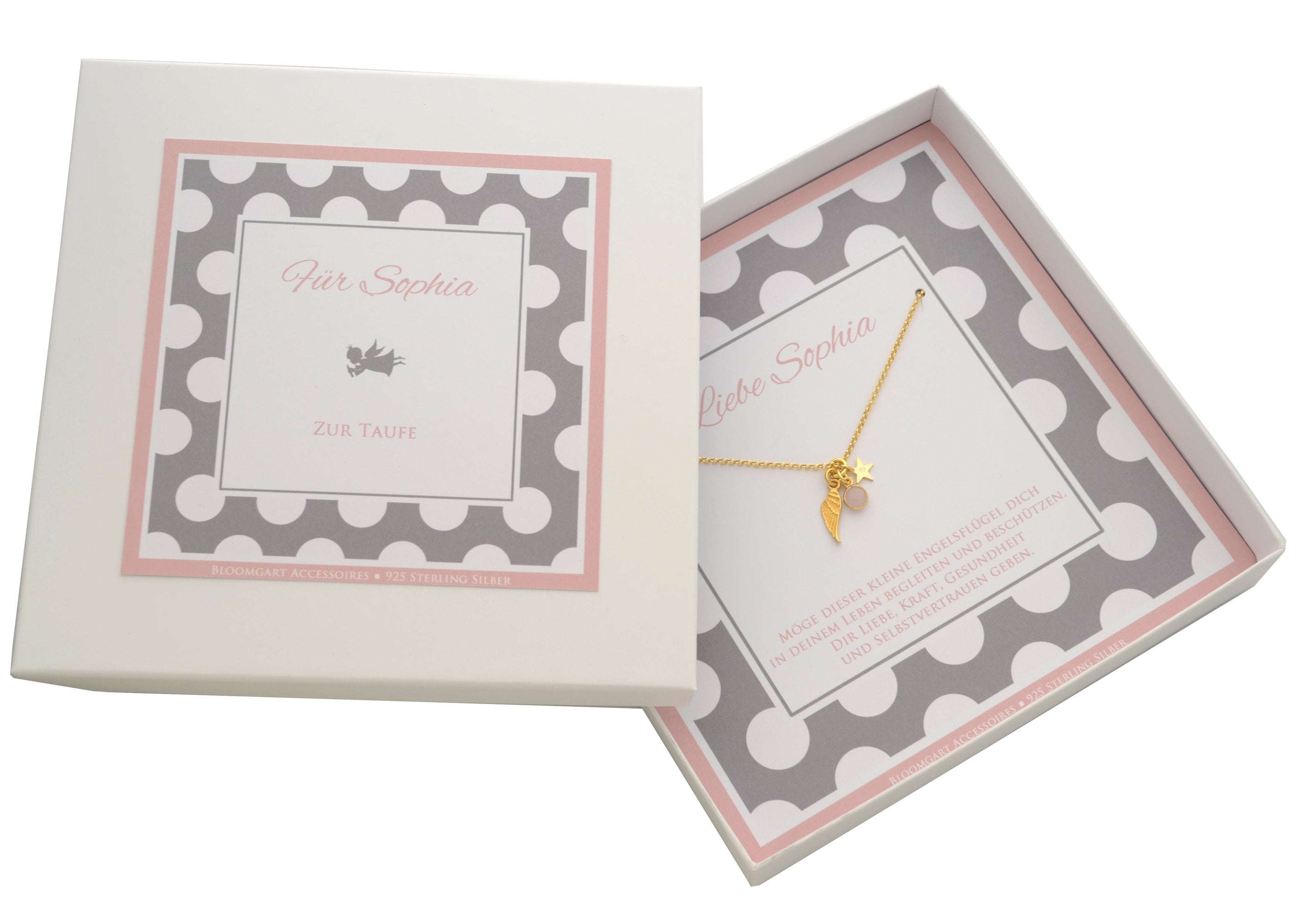 Komplettansicht der Gold Taufkette mit Engelsflügel und Rosenquarz als Geschenk zur Taufe.