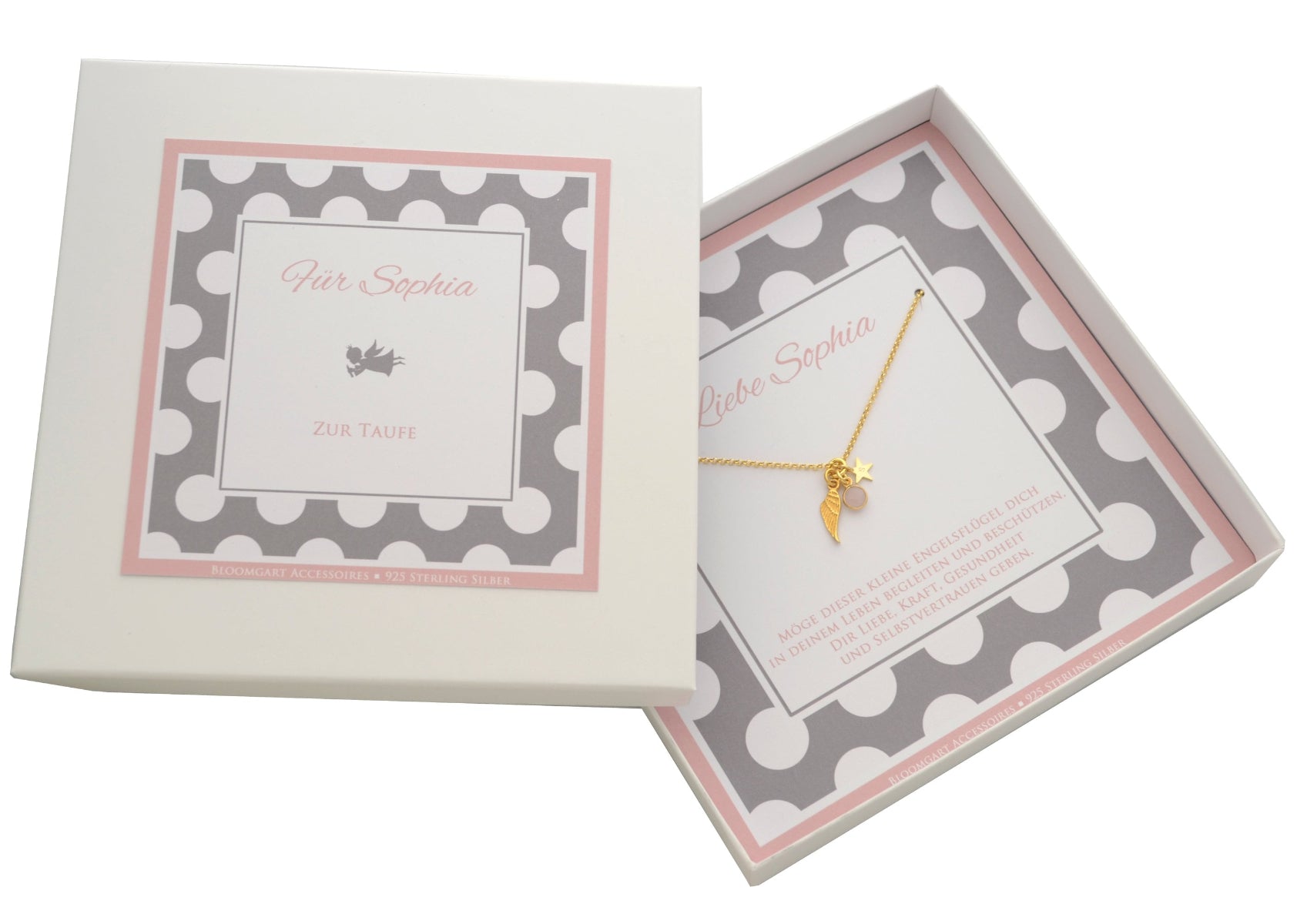 Komplettansicht der Gold Taufkette mit Engelsflügel und Rosenquarz als Geschenk zur Taufe.