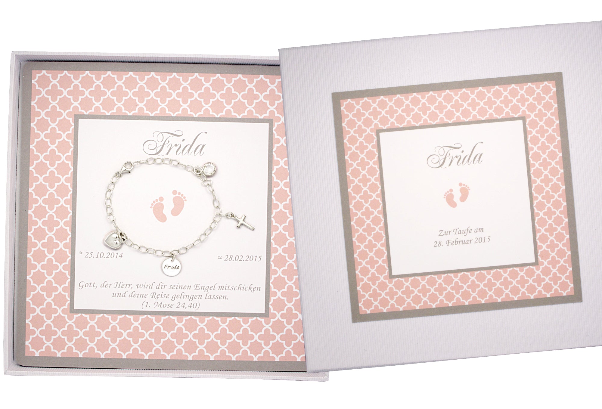 Gesamtansicht eines personalisierten Taufgeschenks für 'Frida' mit rosa Box. Innenliegend befindet sich ein silbernes Bettelarmband.