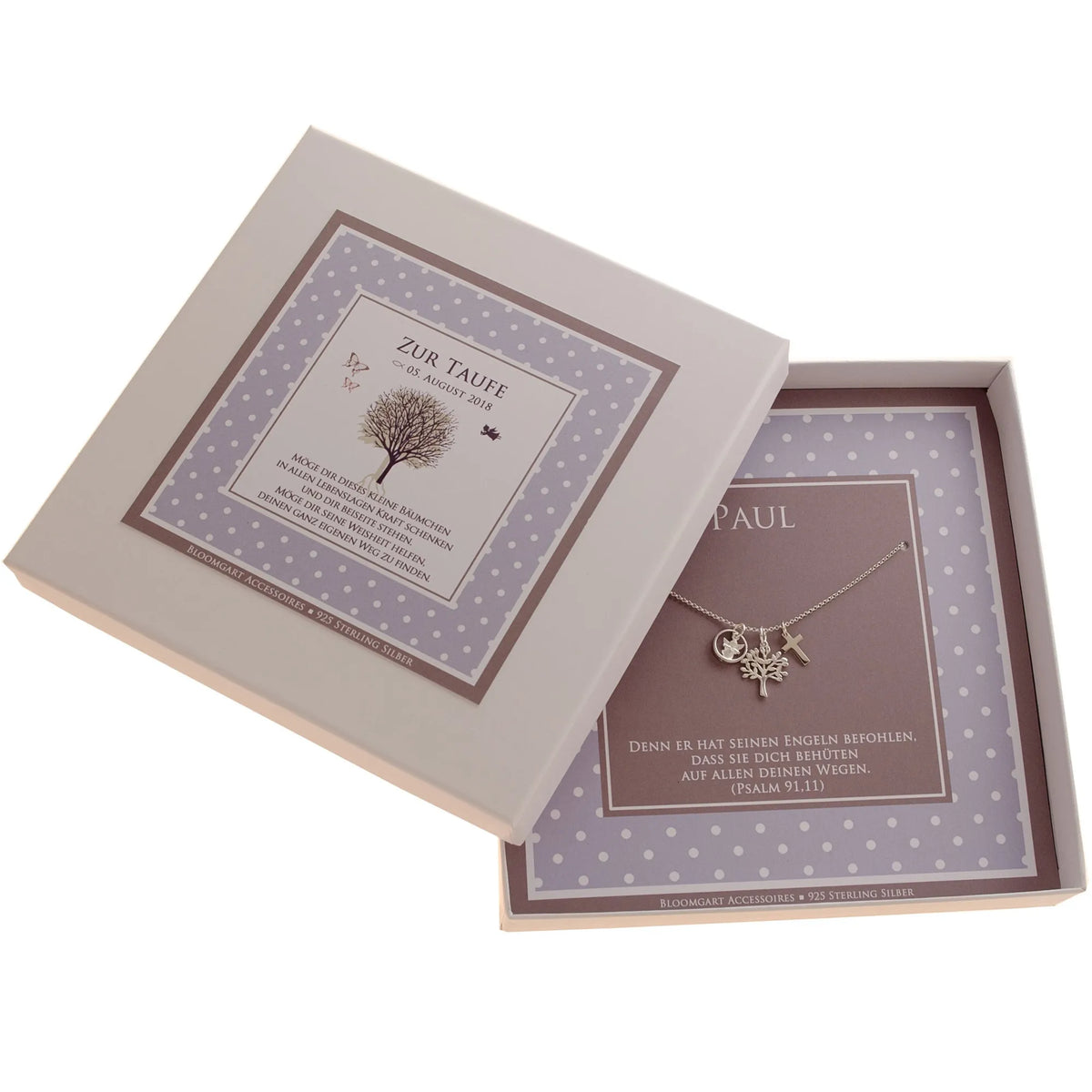 Taufgeschenk für Jungen in einer personalisierten, blau-taupe farbigen Geschenkbox mit Namen, Anlass, Datum und Taufspruch.