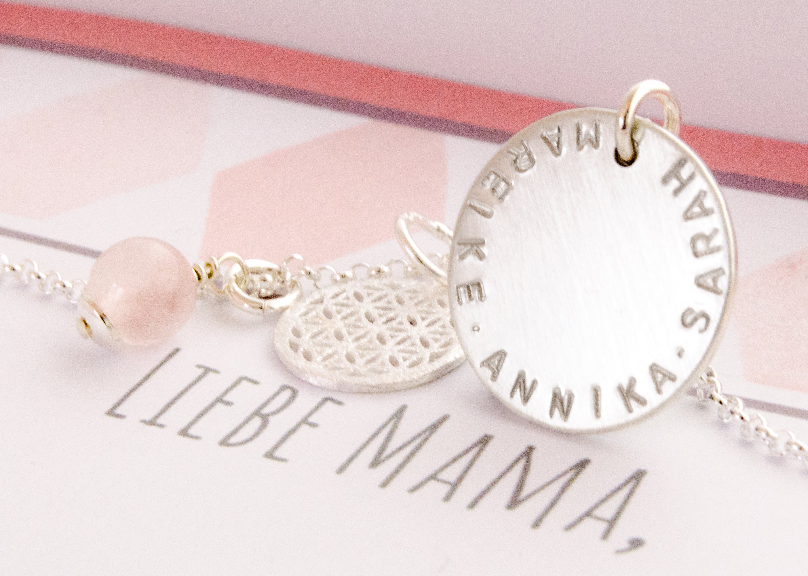 Namenskette MAMA mit Lebensblume Rosenquarz 925 Silber