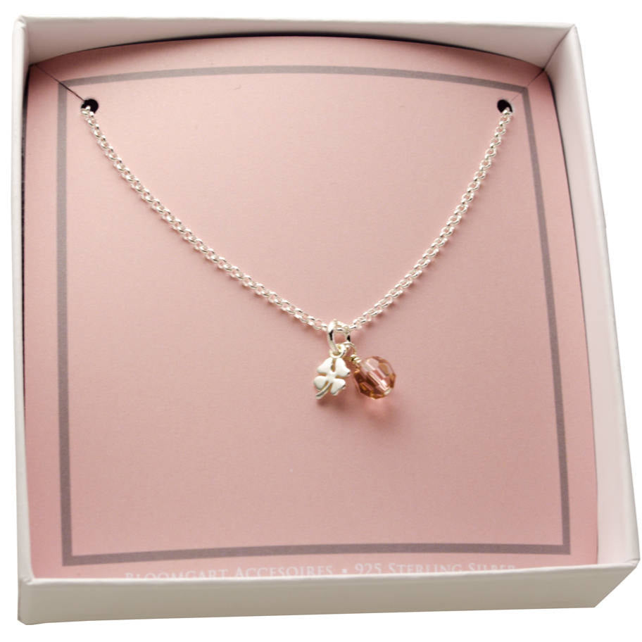 Silberkette Kleeblatt mit rosa Glücksstein in Bloomgart Geschenkbox