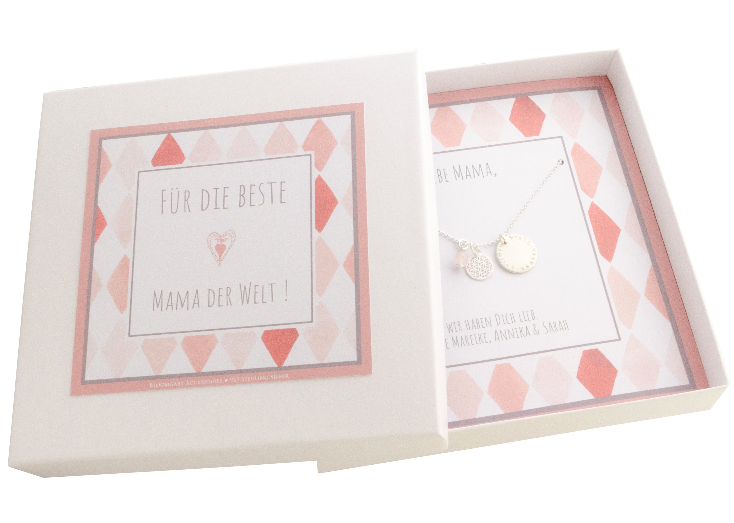 Namenskette MAMA mit Lebensblume Rosenquarz 925 Silber
