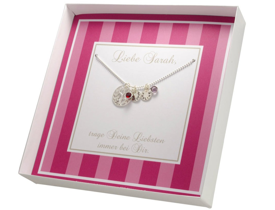 Lebensbaum Kette MY FAMILY mit Namensgravur Monatsstein Schmuck 925 Silber