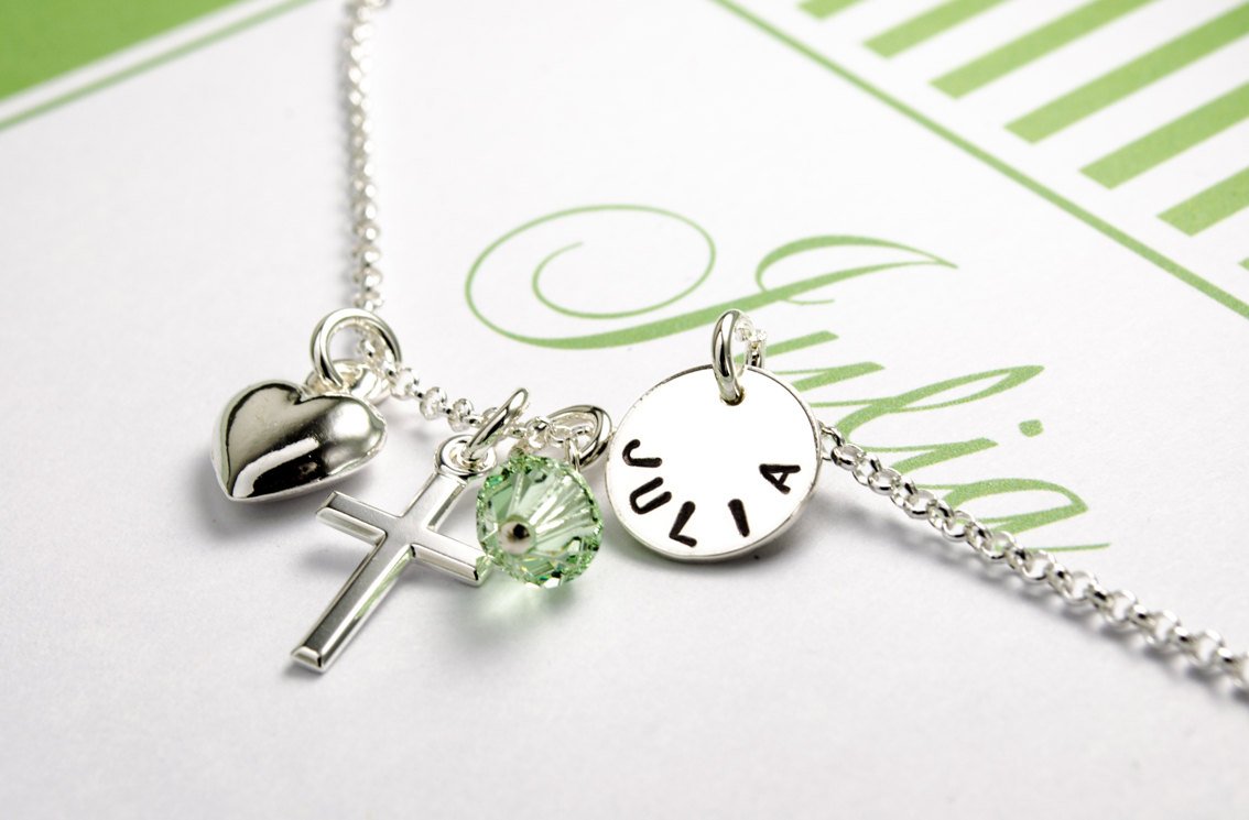 Namenskette Gravur Taufkette mit Herz Kreuz Swarovski Glücksstein Namensschmuck mit Gravur Taufschmuck