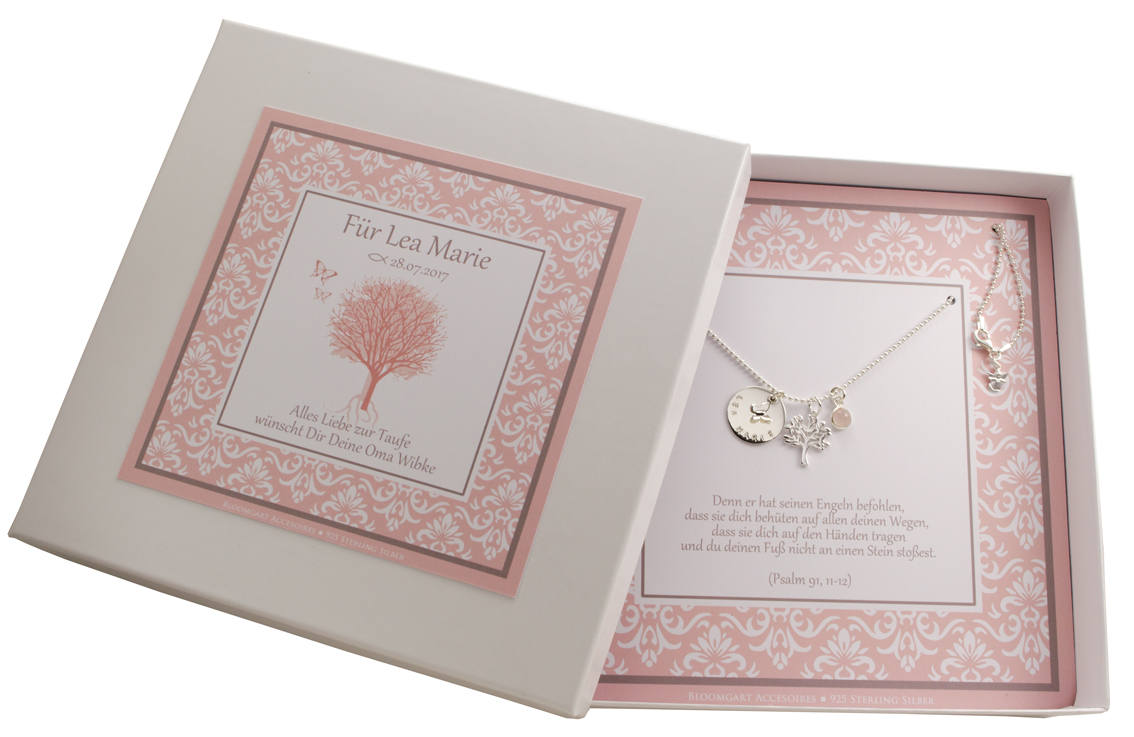 NAMENSKETTE mit LEBENSBAUM ENGEL und Gravur 925 Silber Geschenk zur Taufe Geburt Kommunion Konfirmation Patenkind Weihnachten Bloomgart