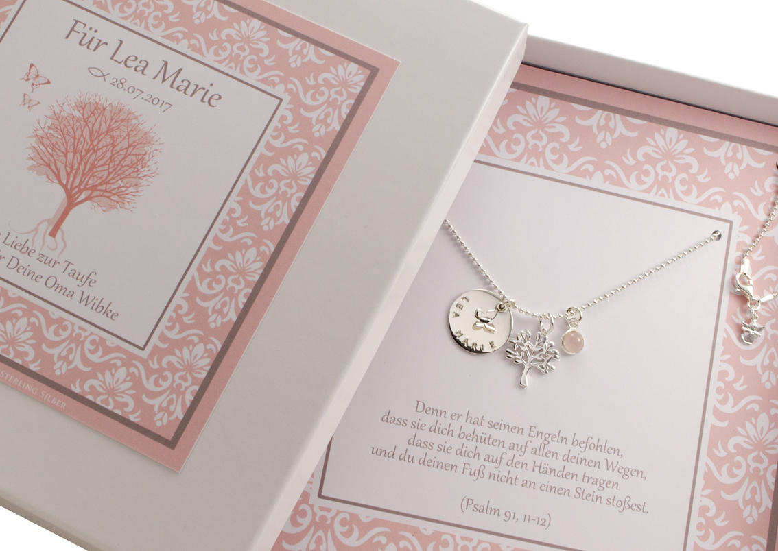 NAMENSKETTE mit LEBENSBAUM ENGEL und Gravur 925 Silber Geschenk zur Taufe Geburt Kommunion Konfirmation Patenkind Weihnachten Bloomgart