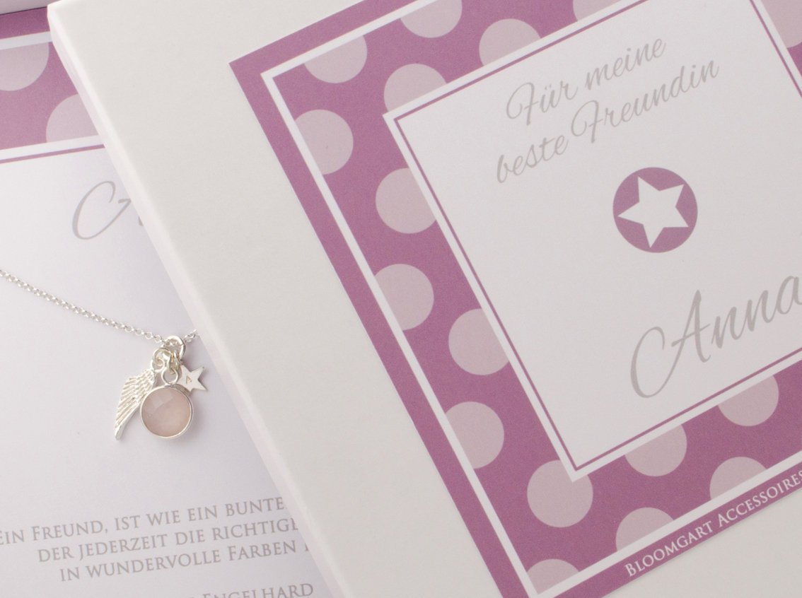 ENGELSFLÜGELKETTE SILBERKETTE ROSENQUARZ Stern Gravur Geschenk Weihnachten Taufkette Mädchen persönlicher Schmuck Bloomgart Geschenkkarton