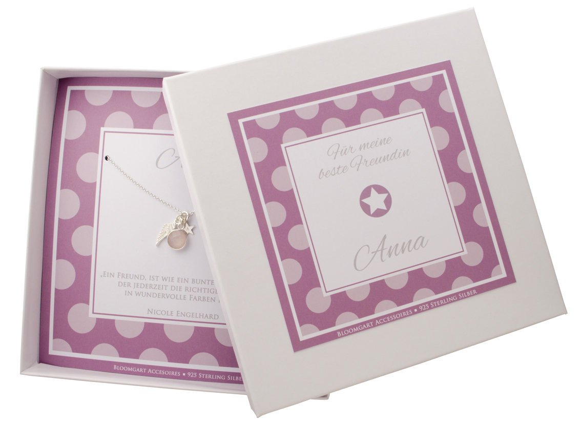 ENGELSFLÜGELKETTE SILBERKETTE ROSENQUARZ Stern Gravur Geschenk Weihnachten Taufkette Mädchen persönlicher Schmuck Bloomgart Geschenkkarton