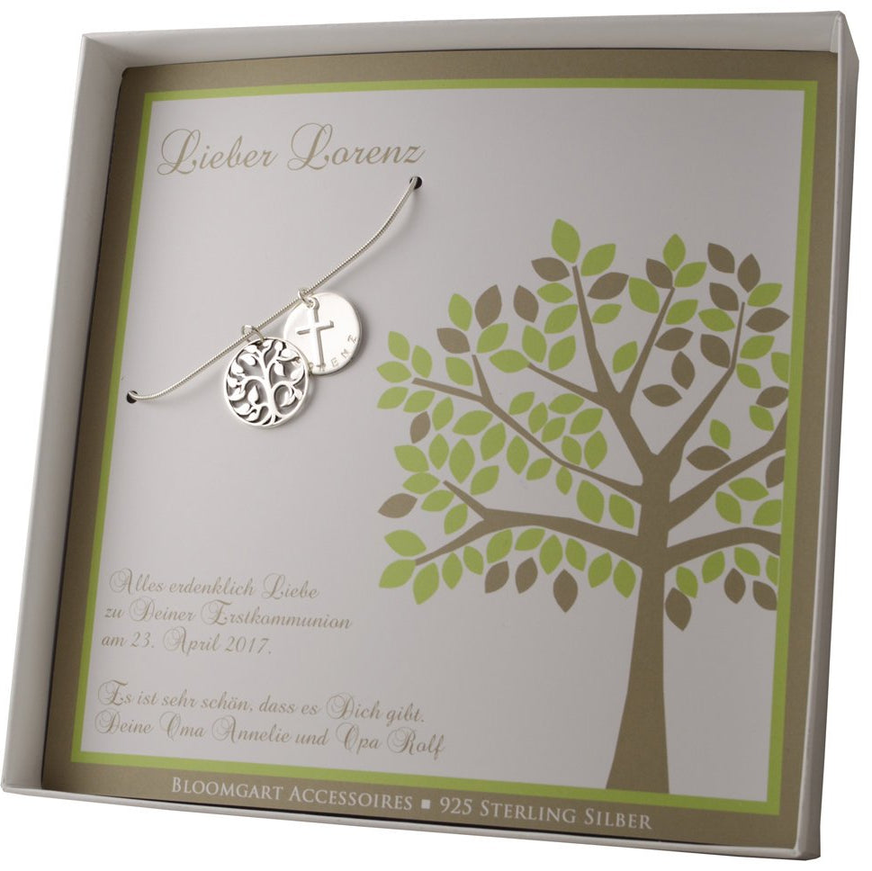 LEBENSBAUMKETTE MIT GRAVUR Kreuzkette Silberkette mit Lebensbaum Kreuz Namenstaler Taufkette Taufschmuck Kinderschmuck mit Gravur Bloomgart
