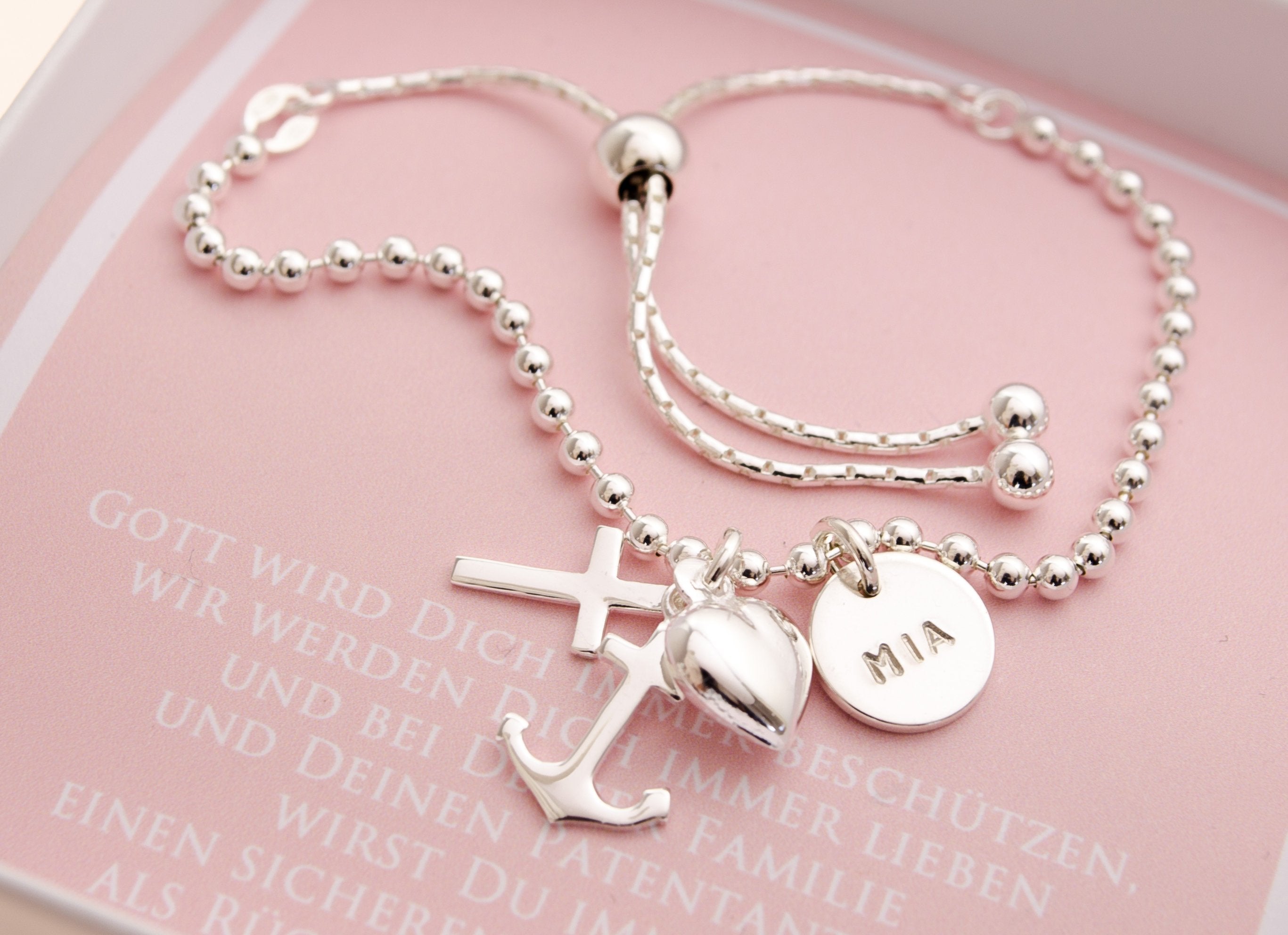 NAMENSARMBAND MIT WUNSCHGRAVUR Glaube Liebe Hoffnung Taufarmband mit Geschenkkarton Taufe Armband Geschenk Patenkind Kinderarmband Bloomgart