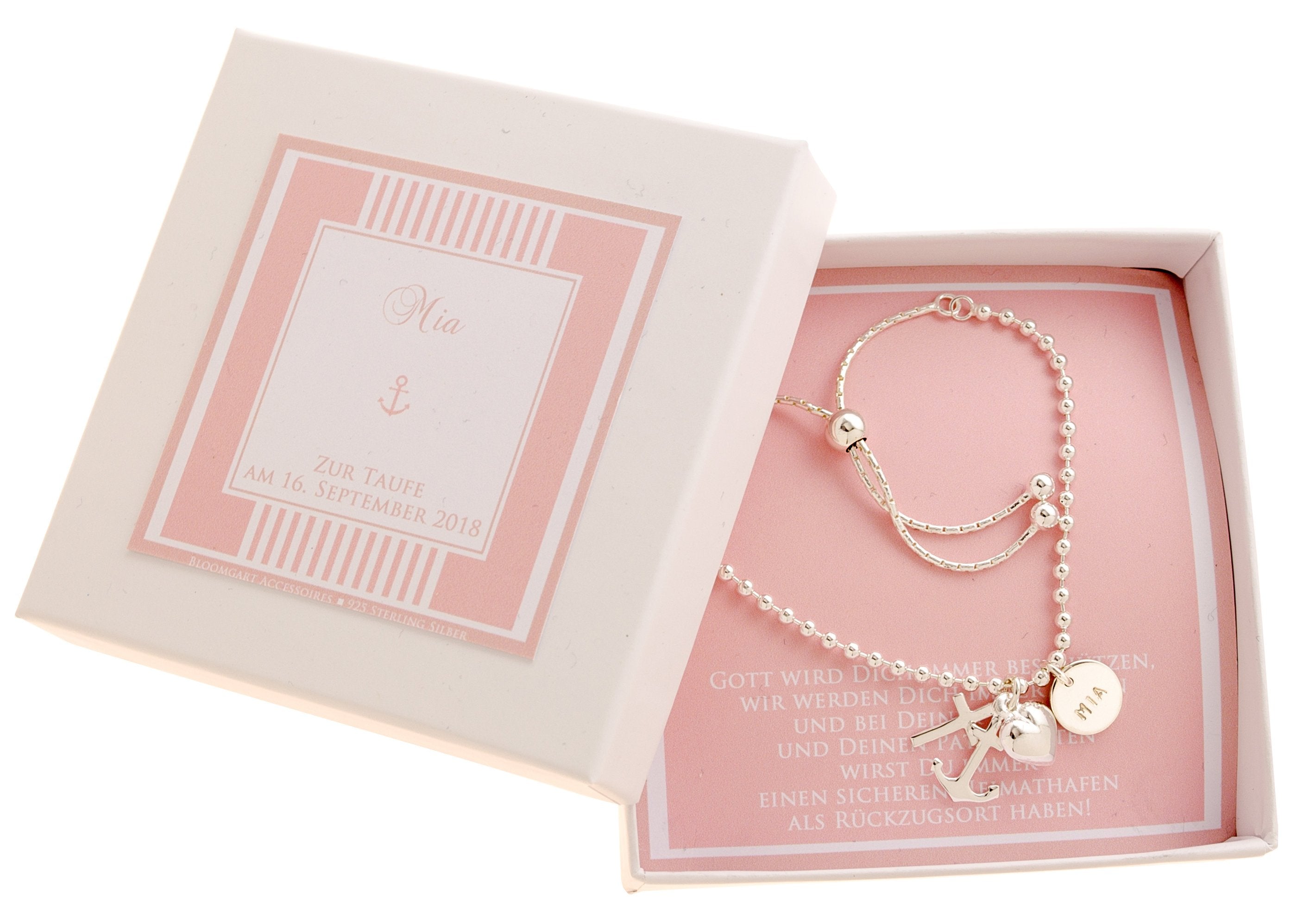 NAMENSARMBAND MIT WUNSCHGRAVUR Glaube Liebe Hoffnung Taufarmband mit Geschenkkarton Taufe Armband Geschenk Patenkind Kinderarmband Bloomgart
