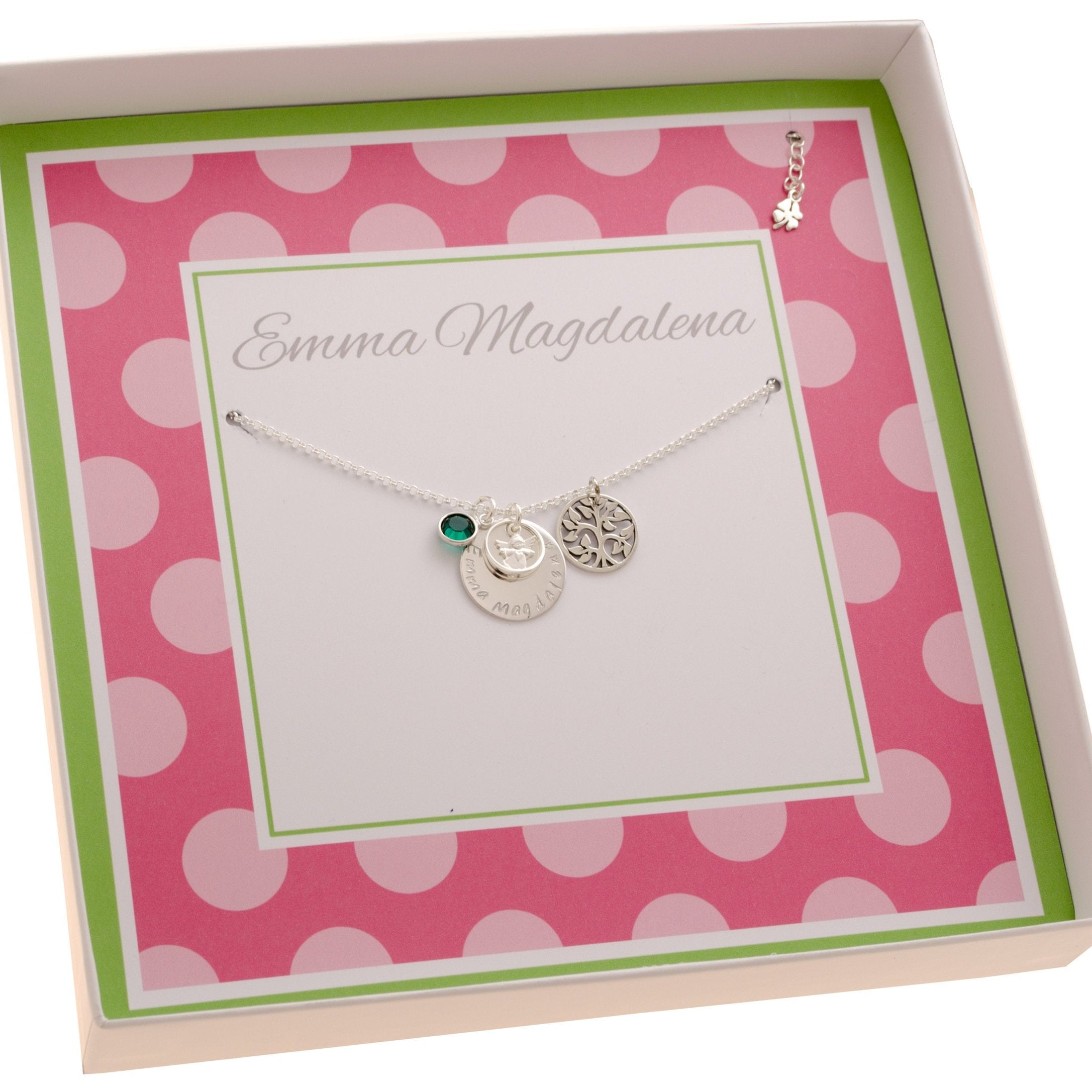 Taufschmuck mit Engel Taufring Lebensbaum Gravur 925 Silber Taufkette mit Schutzengel Lebensbaum persönlicher Schmuck Bloomgart Geschenkbox