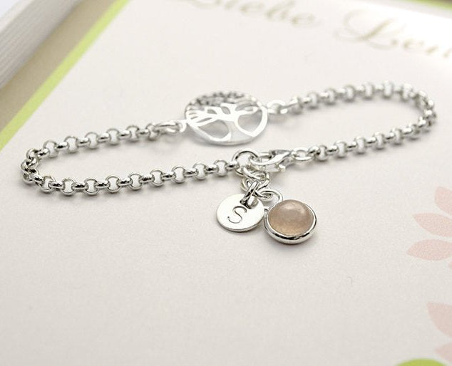 925 Sterling Silber Armkette mit Lebensbaum, Rosenquarz und Initial-Gravur.