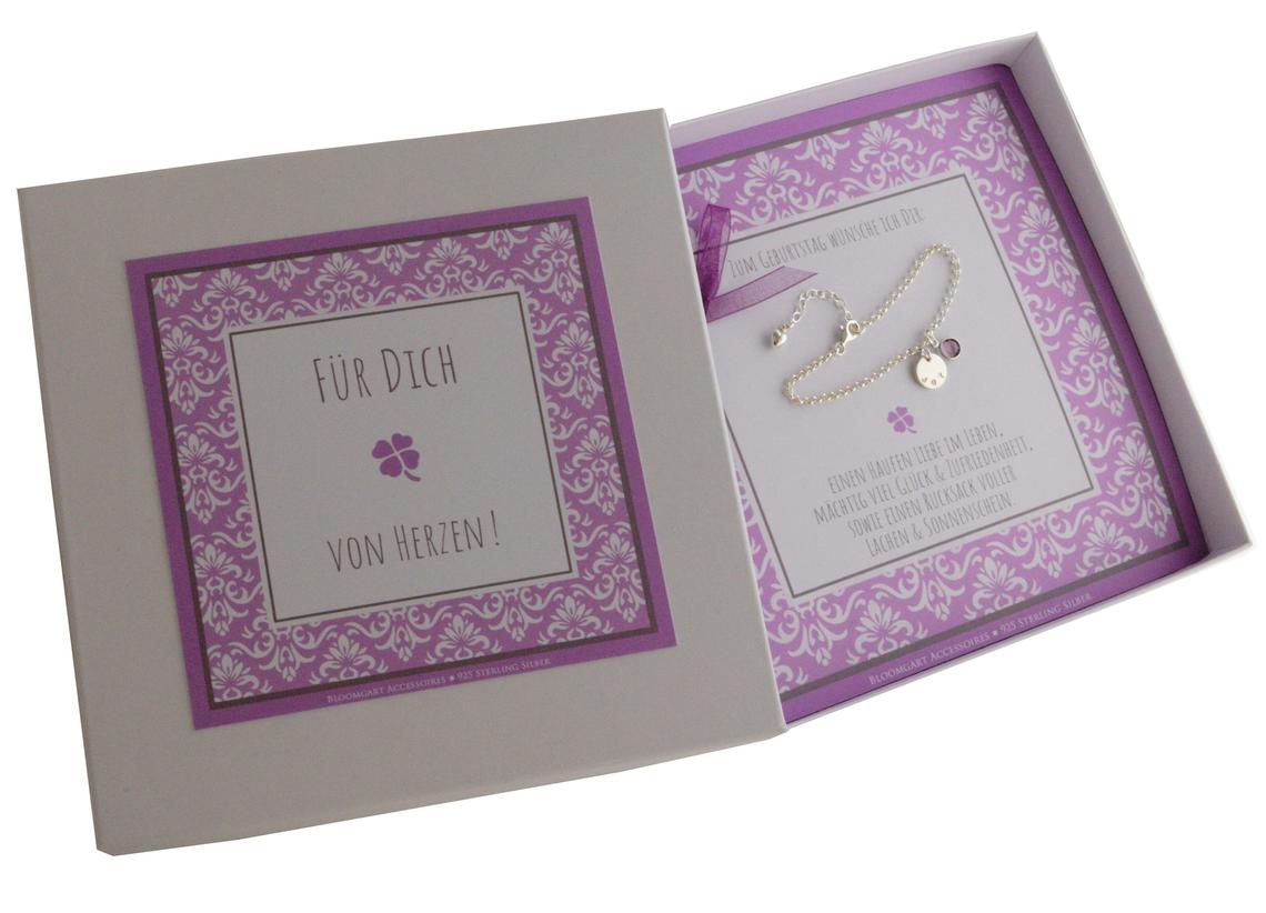 Namensarmband 925 Silber mit Gravur und Geburtsstein in personalisierter Bloomgart Geschenkbox