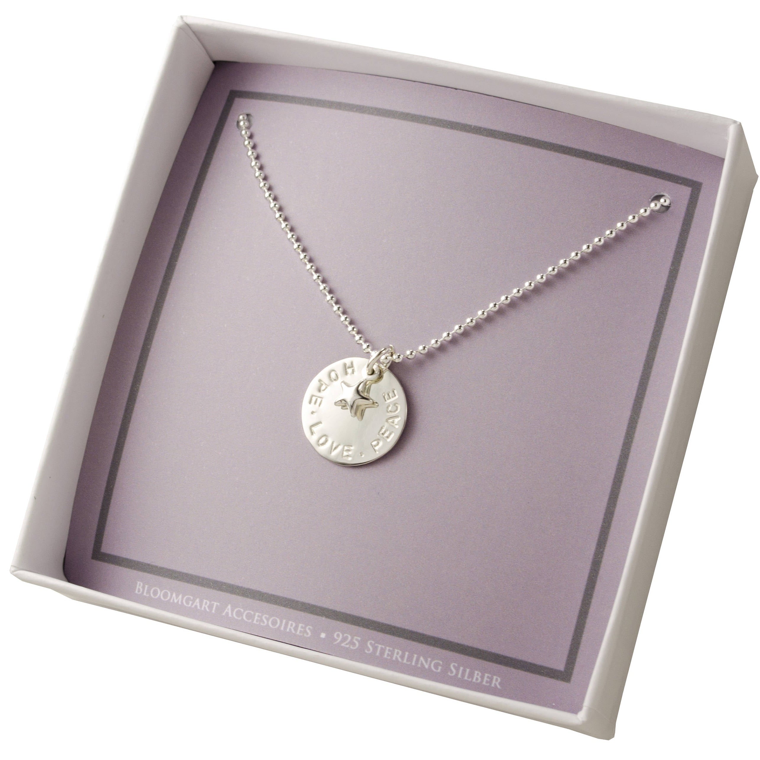 HOPE LOVE PEACE 925 Sterling Silber Kette mit Gravur Bloomgart