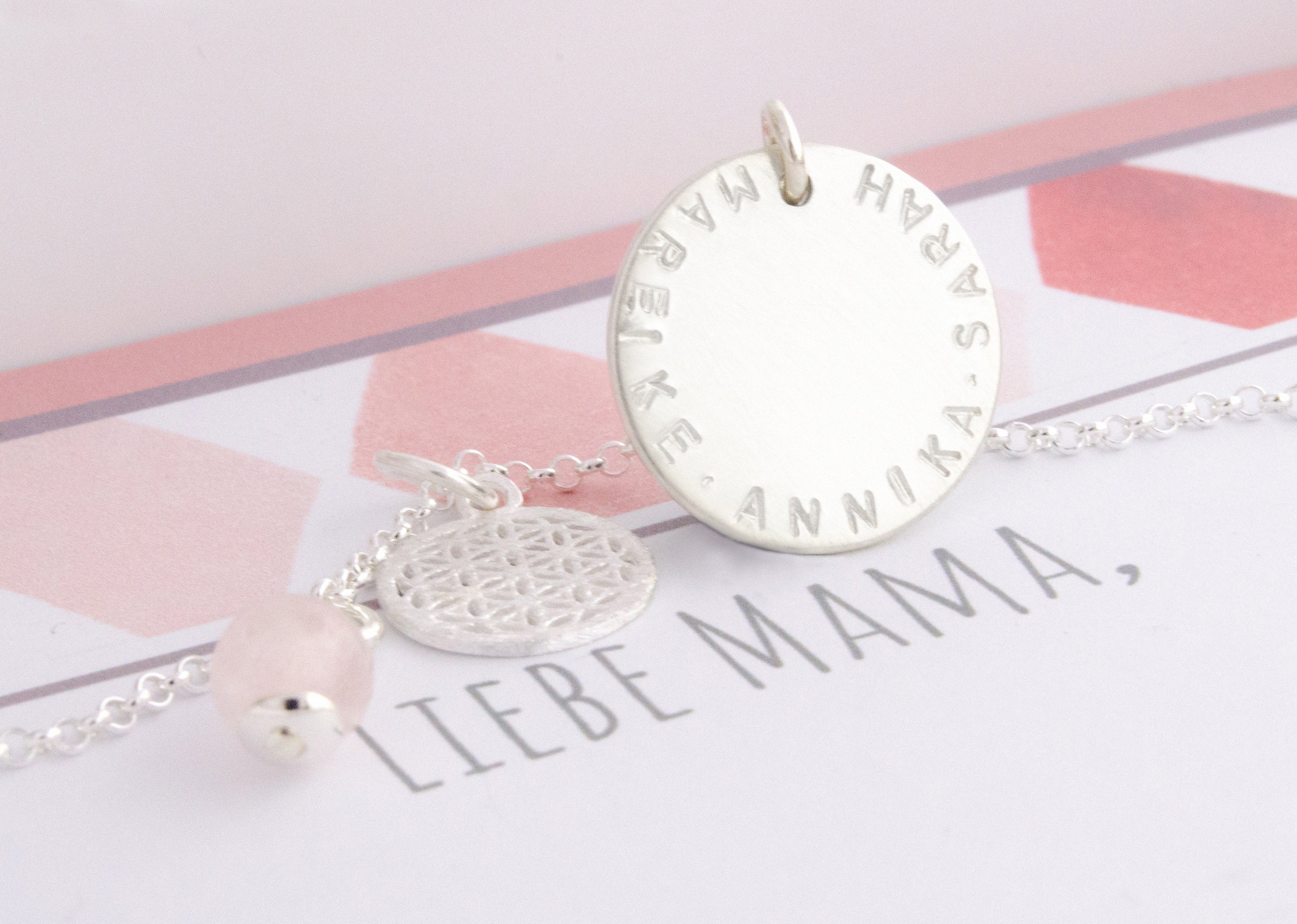 Namenskette MAMA mit Lebensblume Rosenquarz 925 Silber