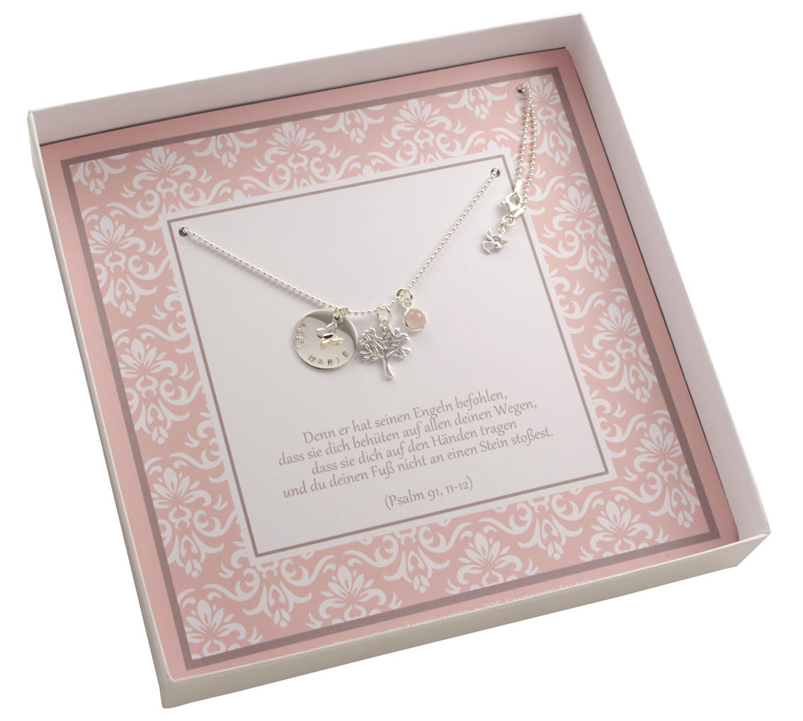 Ganz besondere Taufkette aus 925 Sterlingsilber mit personalisiertem Gravur-Taler, Baum und Rosenquarz.