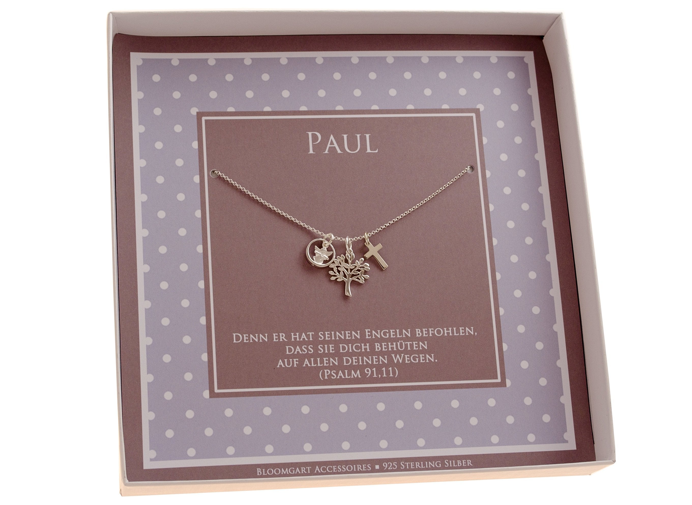 Innenansicht der Taufkette für Paul mit Engel, Taufring, Lebensbaum und Kreuz. Unterhalb der Kette ist der Taufspruch gedruckt: 'Denn er hat seinen Engeln befohlen, dass sie dich behüten auf allen deinen Wegen. (Psalm 91,11)'