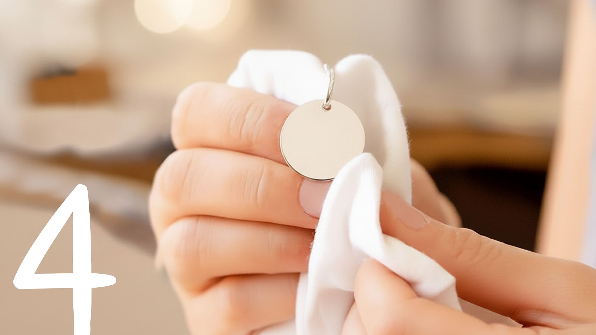Hand poliert einen runden 925 Silberanhänger mit weißem Tuch – 4 einfache Pflegetipps für Silberschmuck von Bloomgart