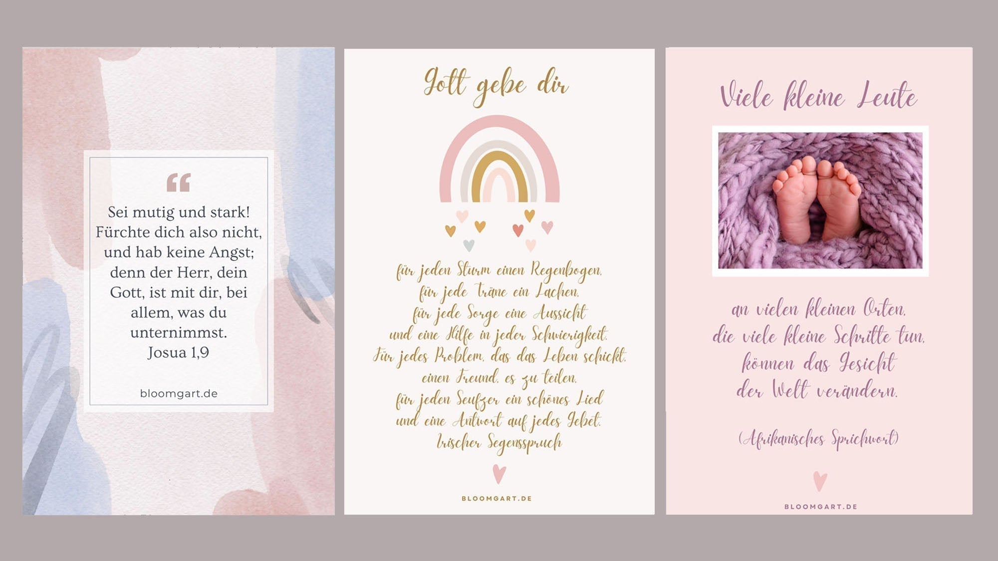 Drei Beispiele für Taufspruch-Grafiken von klassisch bis modern