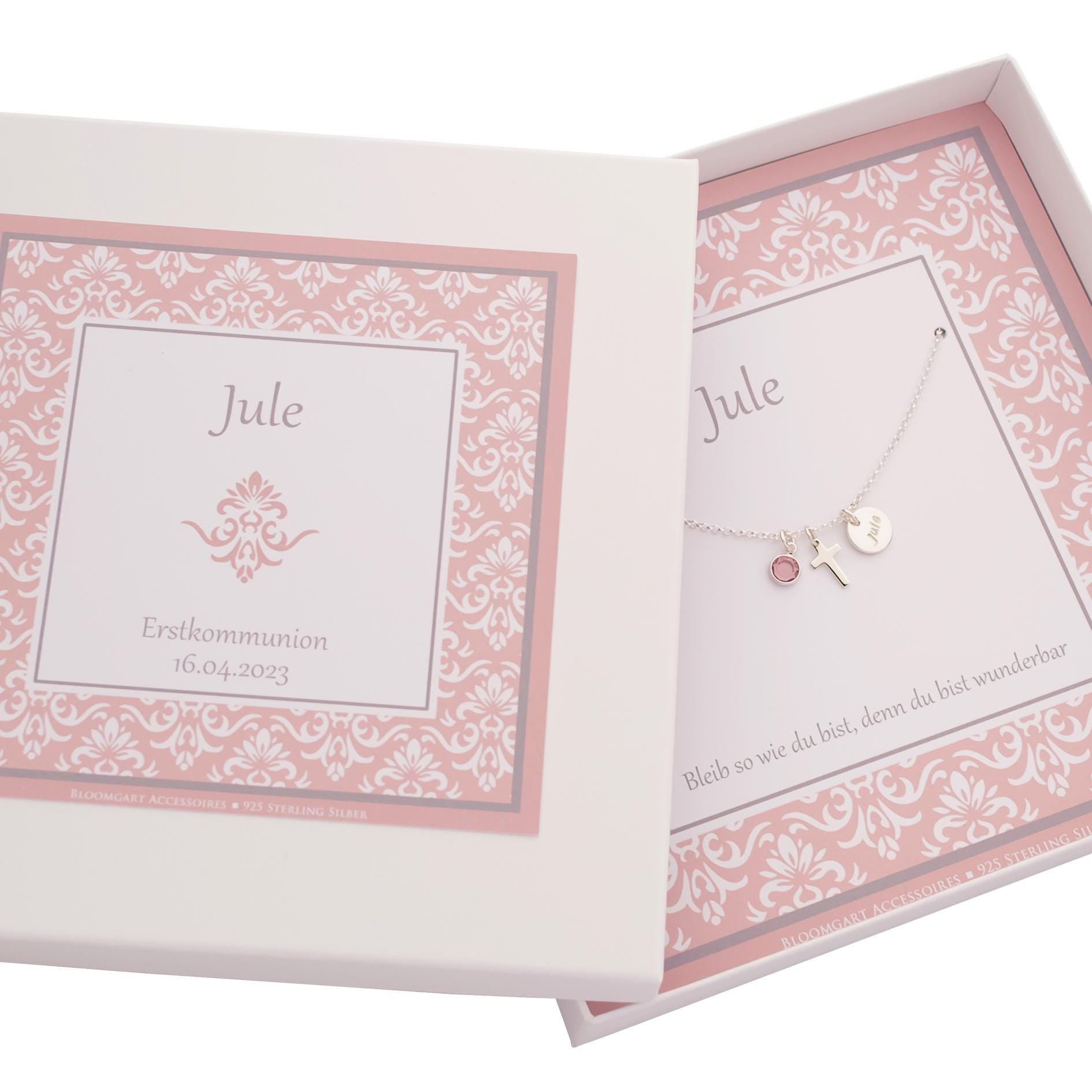 925 Sterling Silber Kette Kreuz Geburtsstein Namenstaler personalisierte rosa Geschenkbox