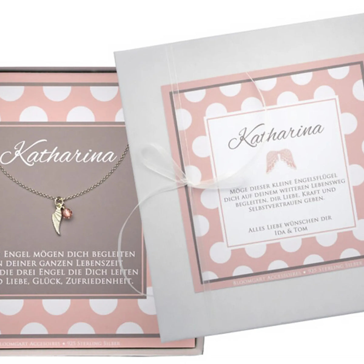 Kette mit Engelsflügel aus 925 Sterling Silber und funkelndem Glücksstein in einer rosa-weißer Geschenkbox, hier personalisiert für Katharina.