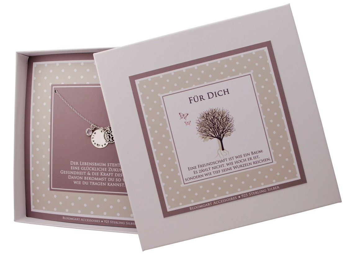 Personalisierte Lebensbaum Kette aus 925 Sterling Silber in einer "Für Dich" Geschenkbox mit Spruch über Freundschaft