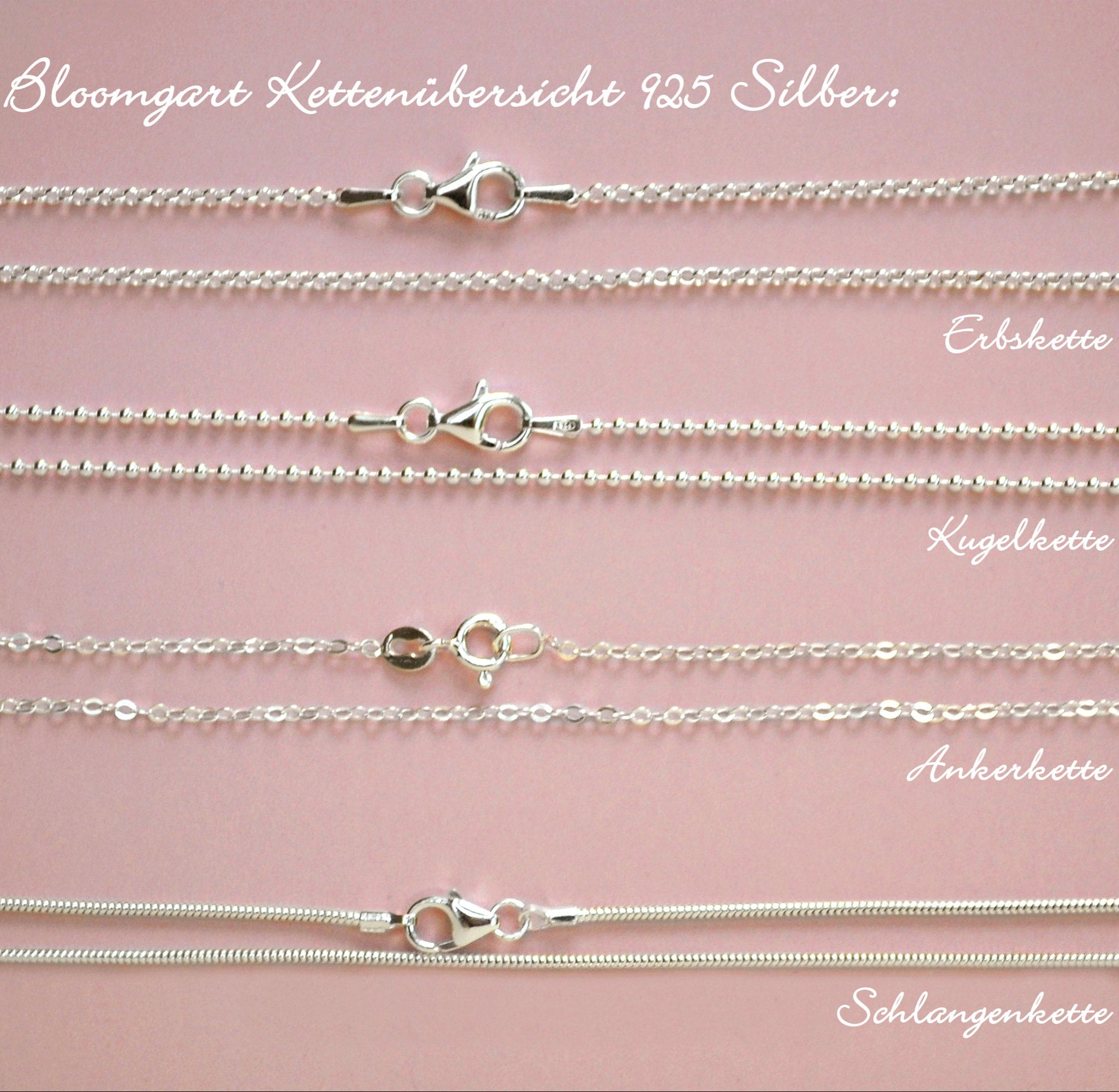 Übersicht verschiedener 925 Sterling Silberketten von Bloomgart: Erbskette, Kugelkette, Ankerkette und Schlangenkette auf rosa Hintergrund.
