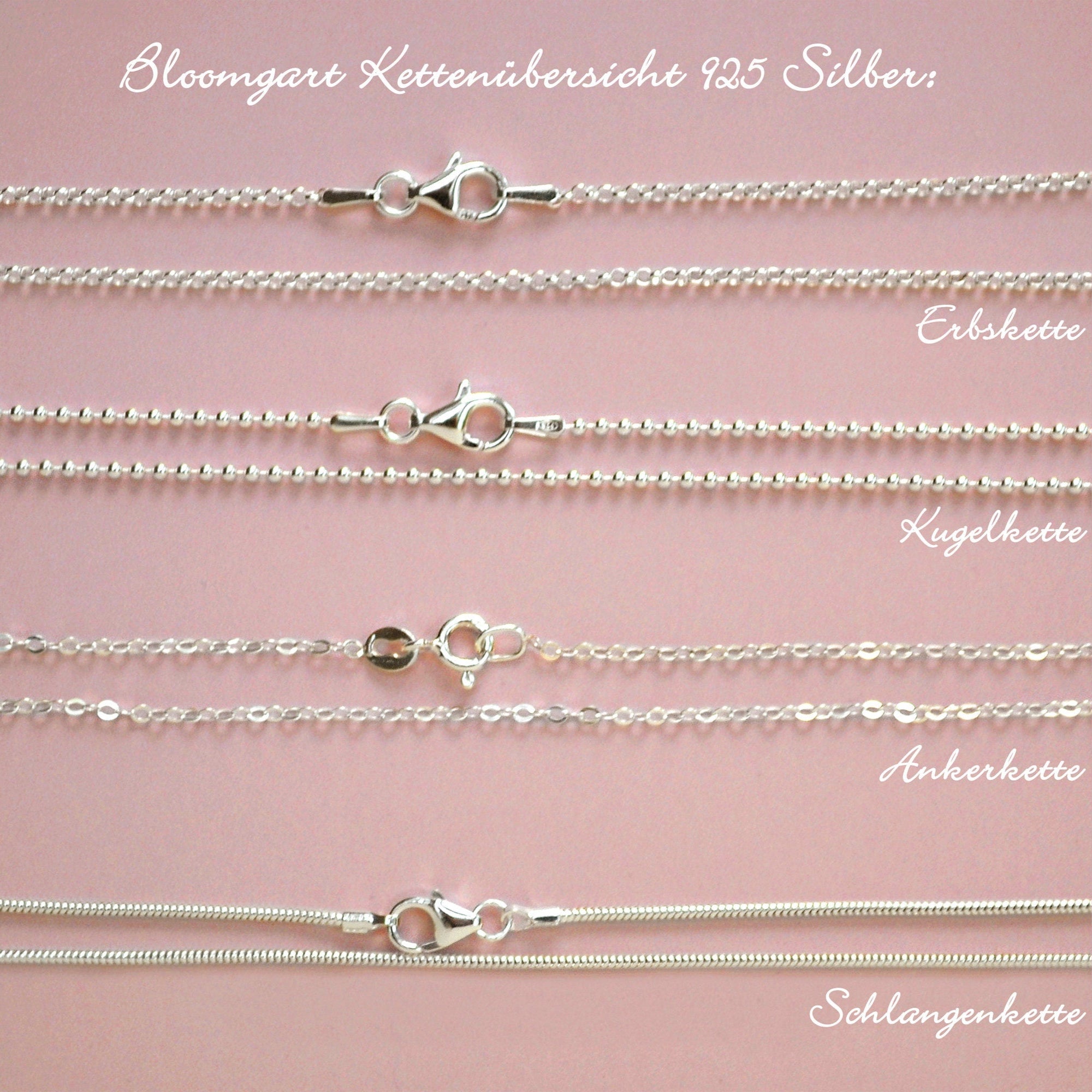 Übersicht verschiedener 925 Sterling Silberketten von Bloomgart: Erbskette, Kugelkette, Ankerkette und Schlangenkette auf rosa Hintergrund.