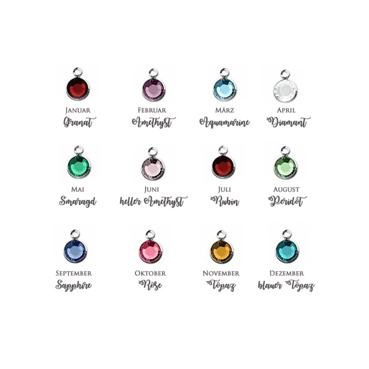 Übersicht aller 12 Geburtsstein-Anhänger von Bloomgart mit Swarovski Kristallen, von Januar (Granat) bis Dezember (Topas).