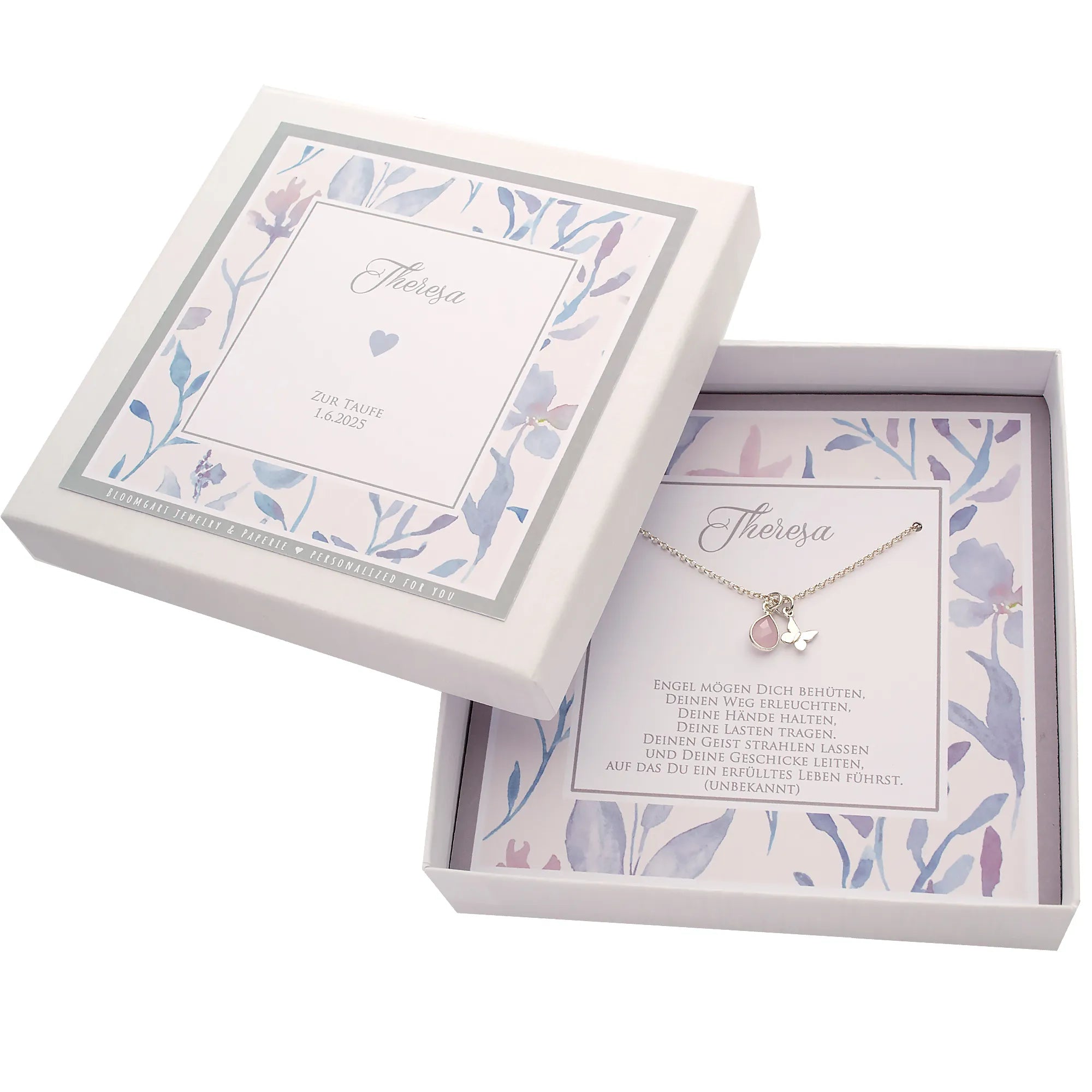 Personalisierte Schmetterling Kette "Theresa" mit Rosenquarz