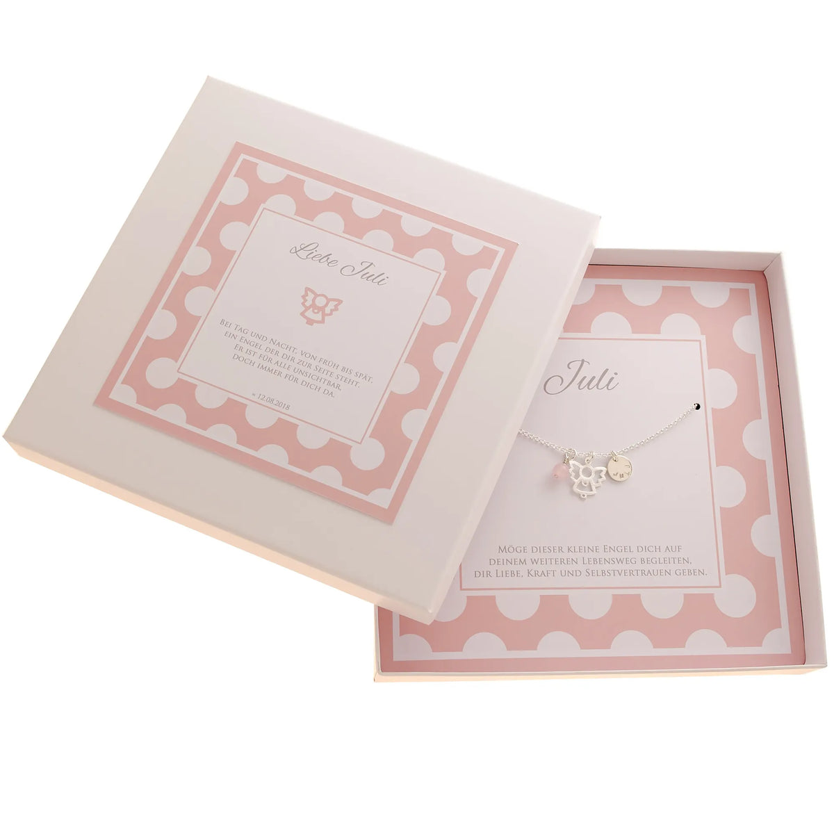 Ein personalisiertes Geburtsgeschenk oder Taufgeschenk mit Namen personalisiert und persönlichen Sprüchen. Innen ist eine 925 Silberkette mit Engel, Gravurtaler und Rosenquarz befestigt.