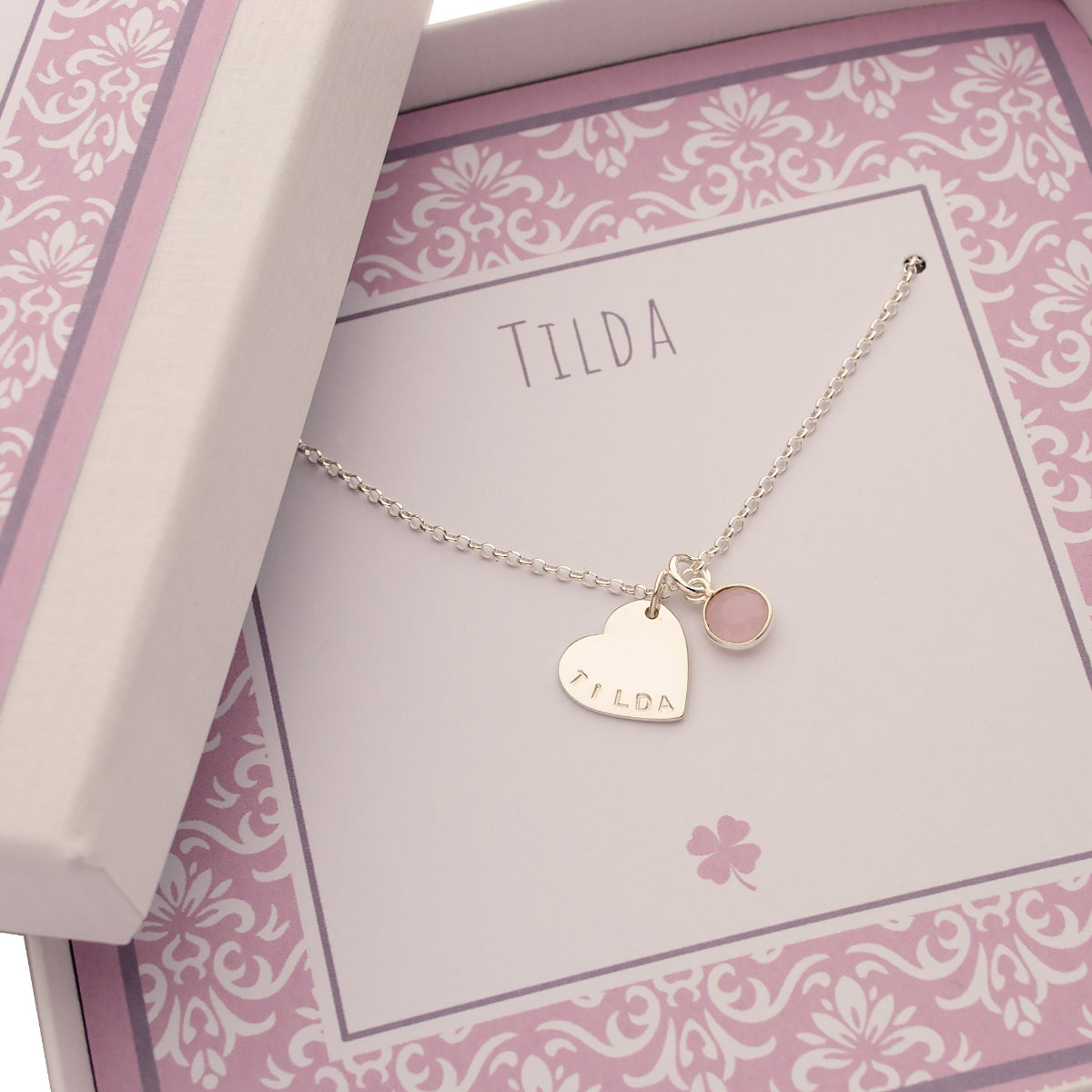 Silberkette 925 Herz Gravur Tilda und gefasster Edelstein Anhänger