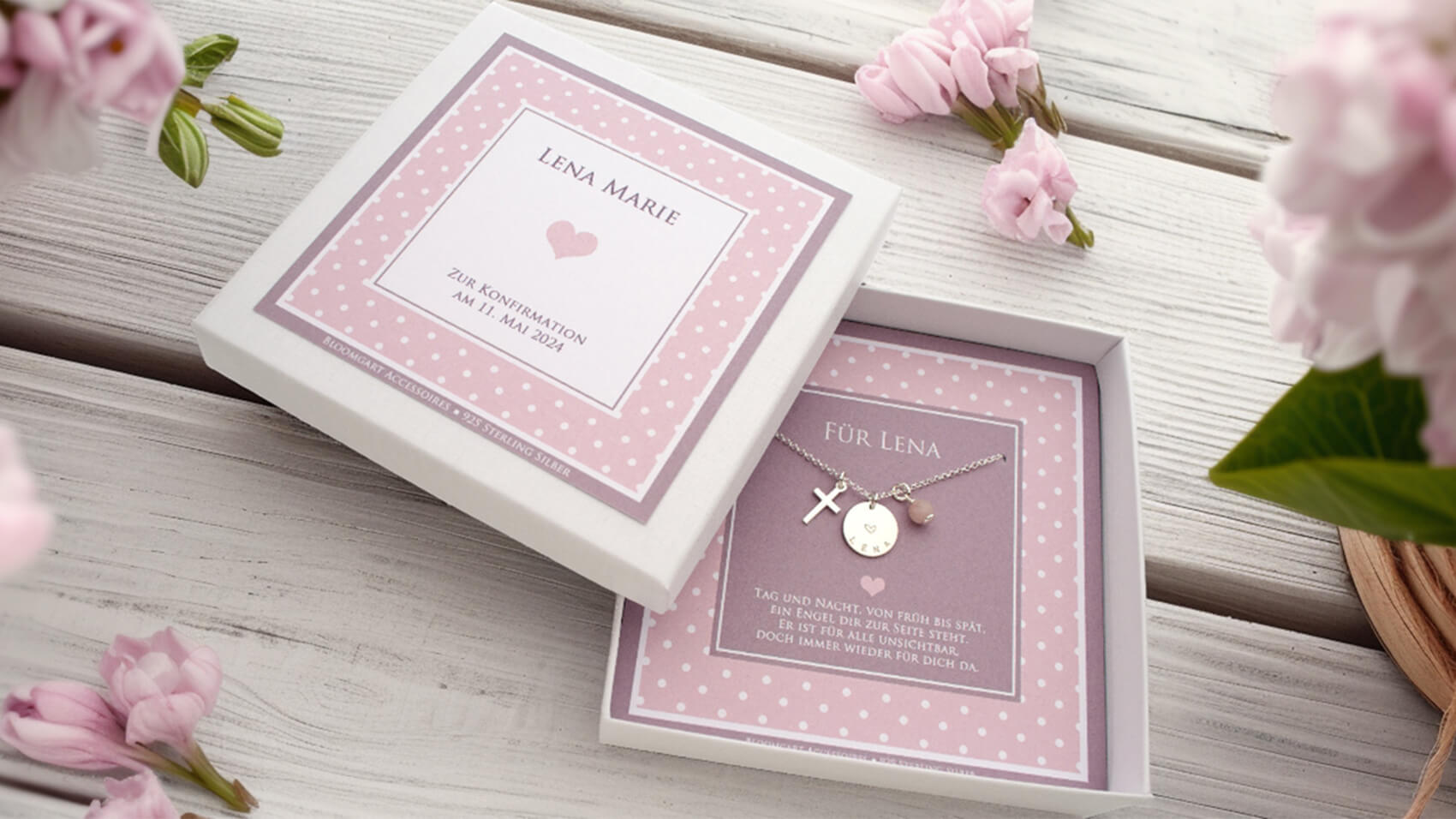 Mehr als nur Schmuck: Ein Symbol für Liebe und Erinnerung von Bloomgart in Form einer personalisierten Geschenkbox mit einer handgefertigten Halskette.