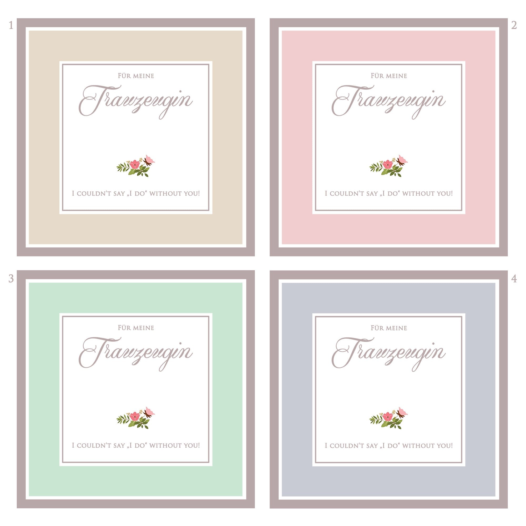Übersicht personalisierte Hochzeits-Geschenkboxen in verschiedenen Farben - Beige, Rosa, Mint, Blau