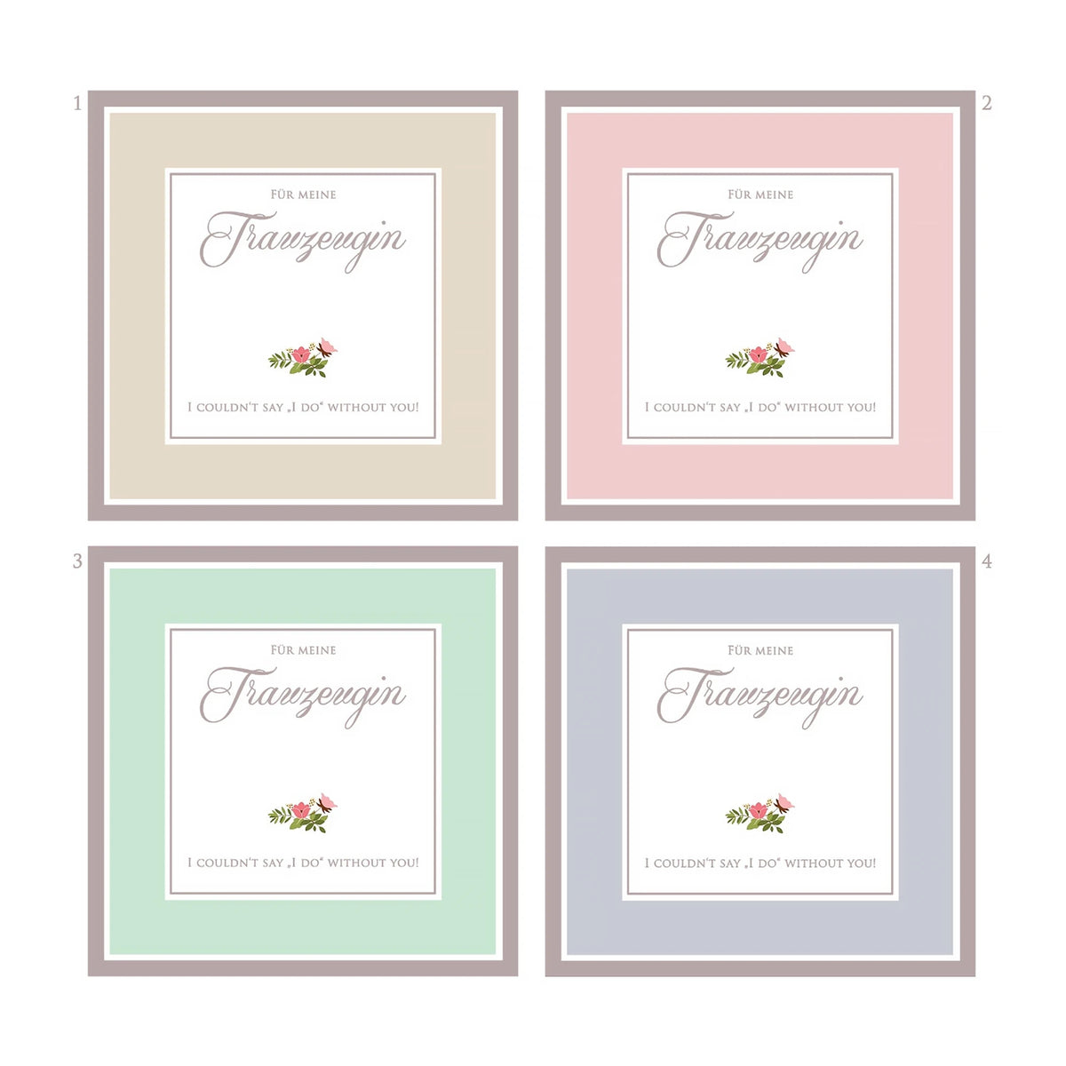 Übersicht personalisierter Hochzeits-Geschenkboxen in Beige, Rosa, Mint und Blau.