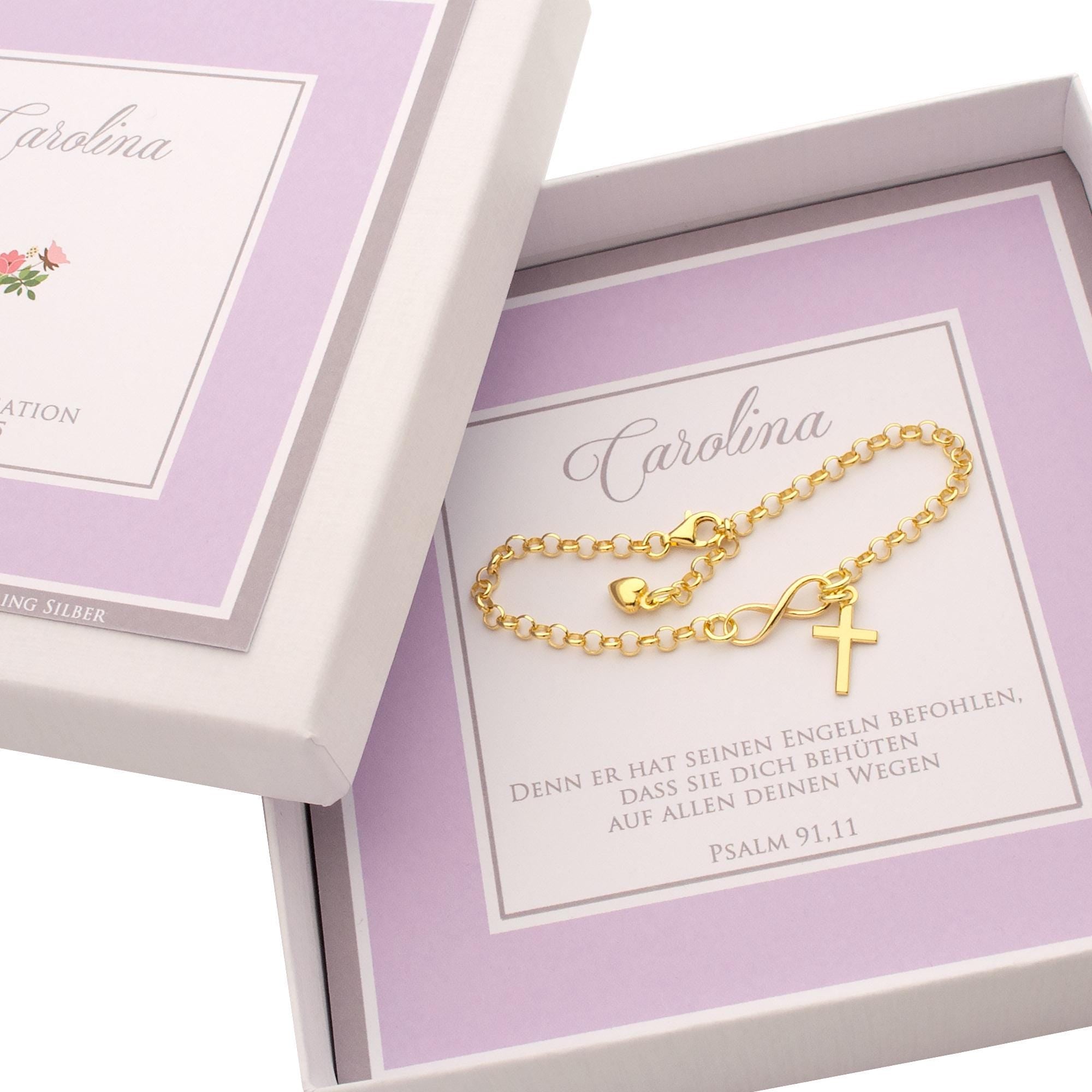 Vergoldetes Gliederarmband 925 Silber mit Kreuz, Herz und Unendlichkeitszeichen