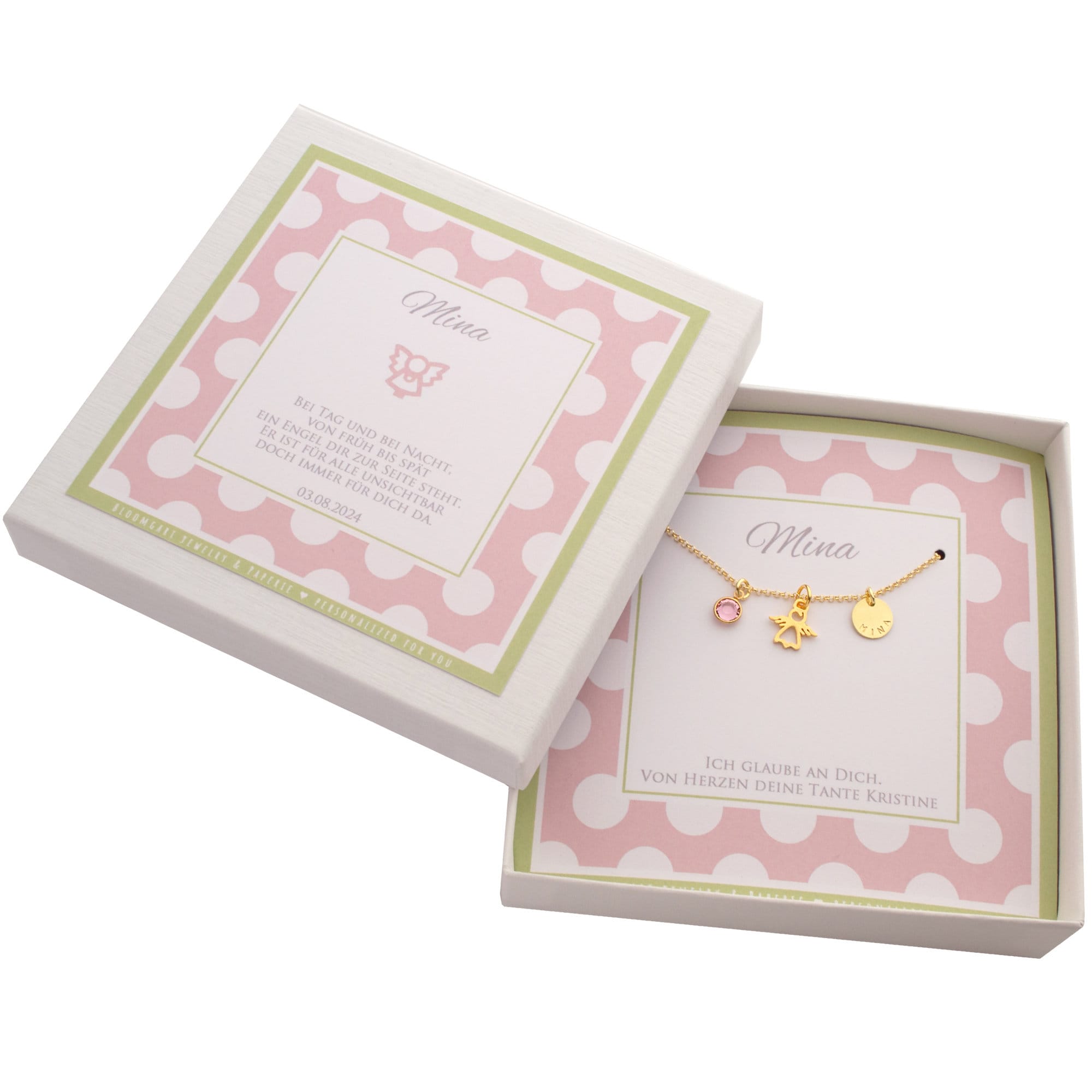 Sehr schöne Komplettansicht der personalisierten Geschenkbox für Mina mit dem Spruch 'Bei Tag und bei Nacht, on früh bis spät, ein Engel dir zur Seite steht...' Innenliegend ist die goldene Schutzengelkette montiert.