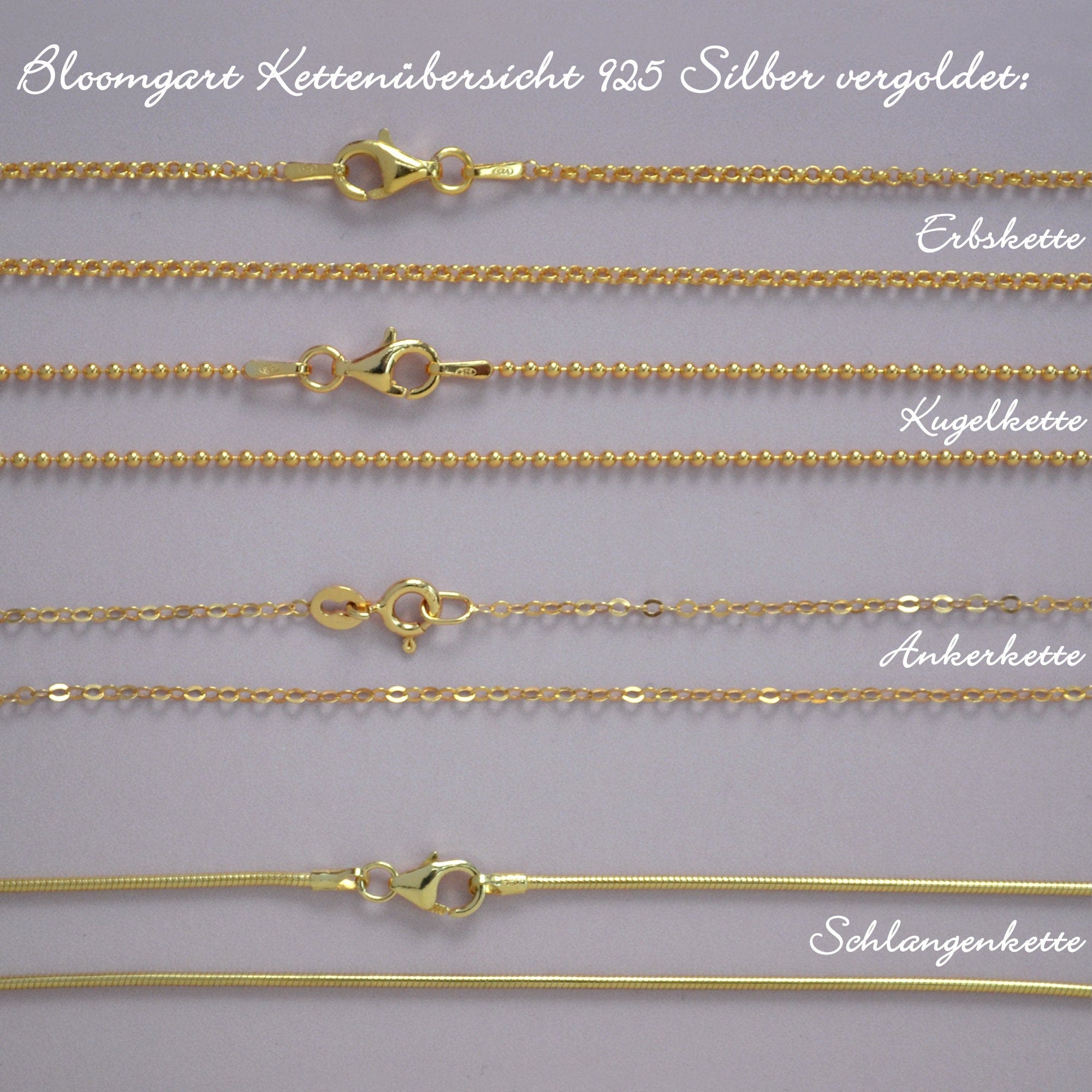 Vier verschiedene vergoldete Halsketten von Bloomgart im Überblick: Erbskette, Kugelkette, Ankerkette und Schlangenkette aus 925 Silber, 18K  vergoldet.