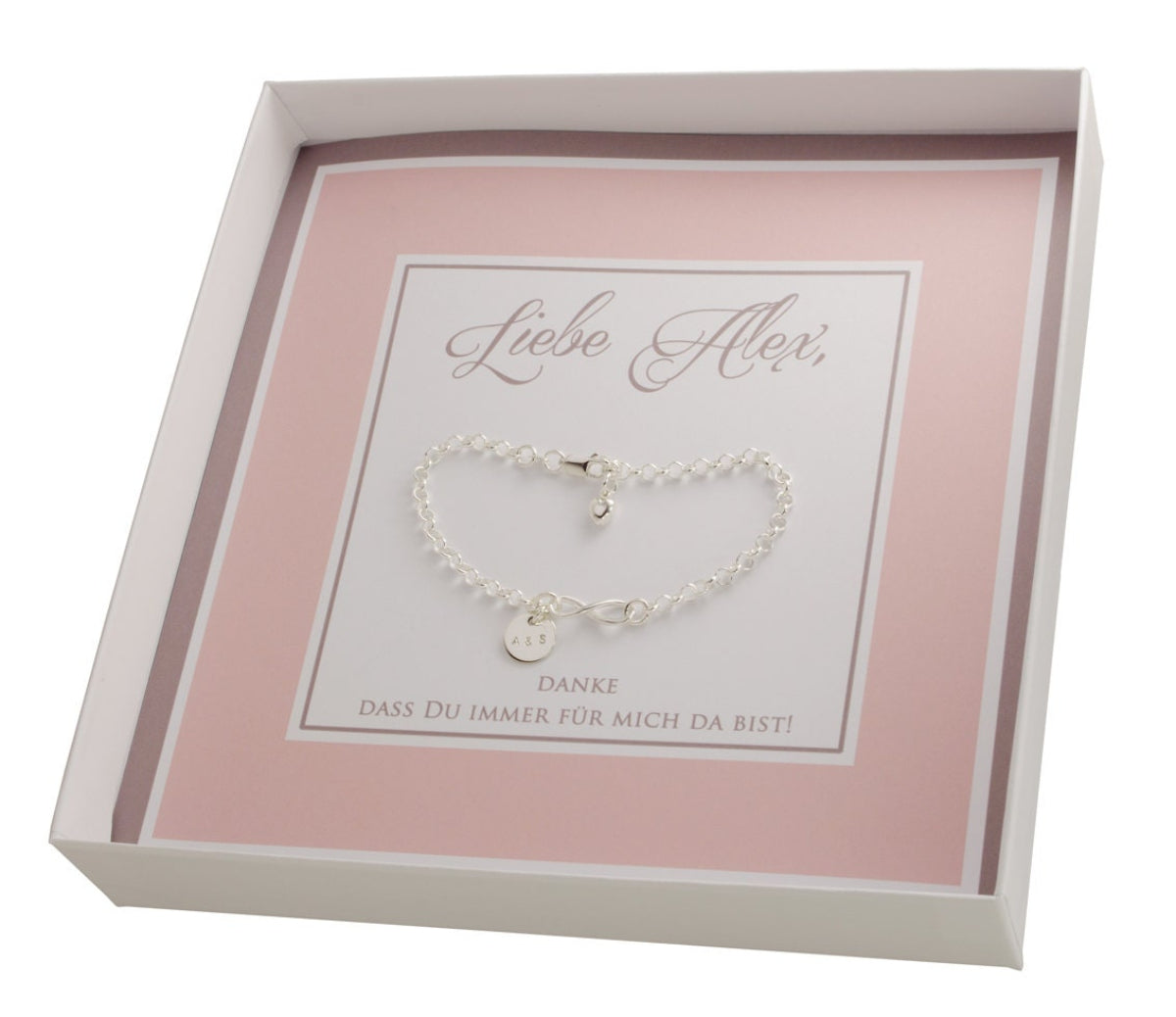 Geschenkbox für Hochzeitsgäste in weiß-rosa personalisiert als Erinnerungsgeschenk mit 925 Silber Armband mit Wunschgravur.