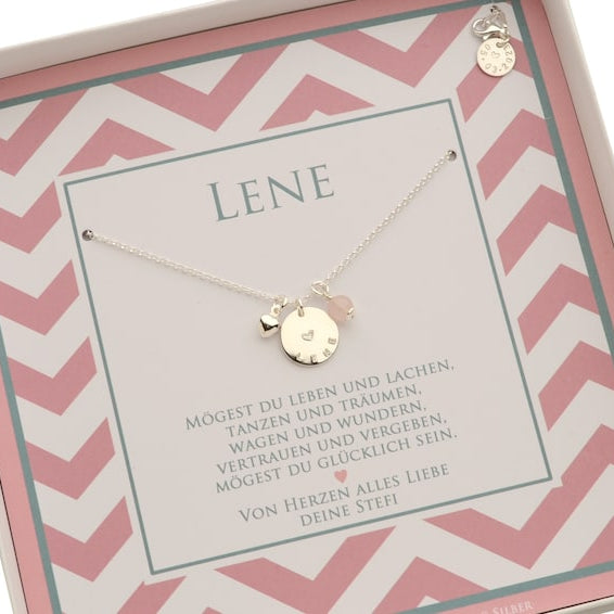 Namenskette LENE mit Herz Rosenquarz Geschenkbox