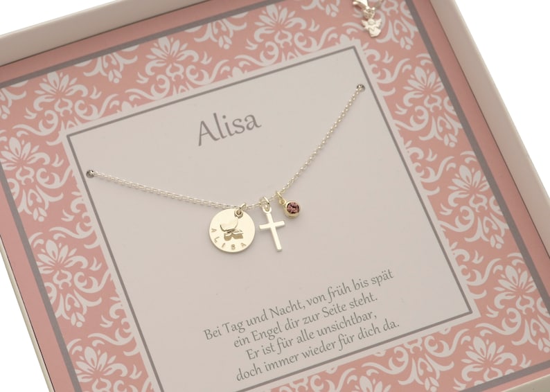 Namenskette ALISA mit Geschenkbox Gravur Kreuz Engel Geburtsstein