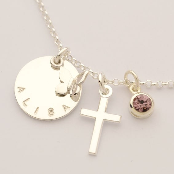 Namenskette ALISA mit Geschenkbox Gravur Kreuz Engel Geburtsstein