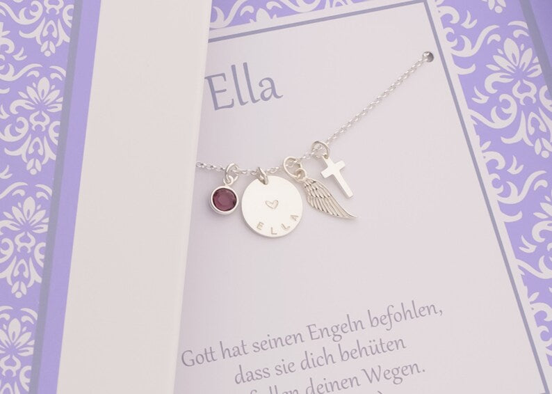 Namenskette ELLA mit Halbedelstein Kreuz Engelsflügel 925 Silber