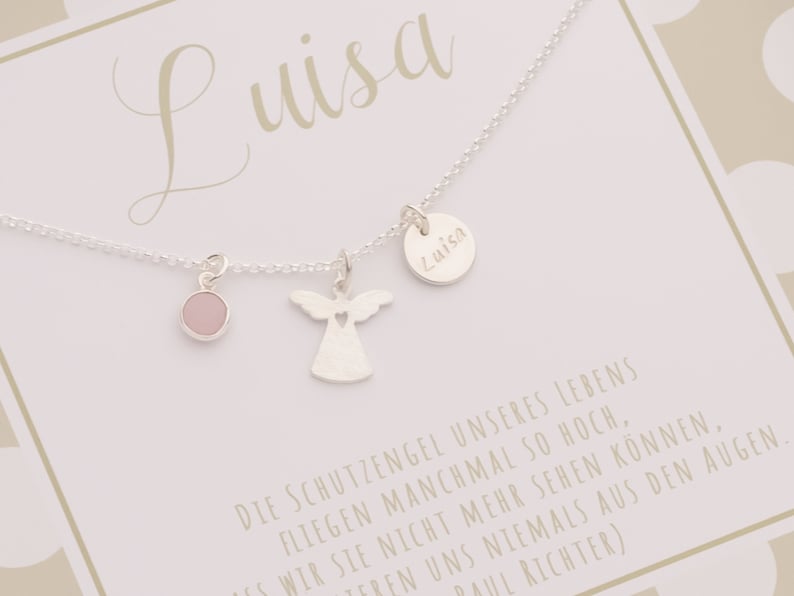 Namenskette LUISA mit Schutzengel Rosenquarz Gravur