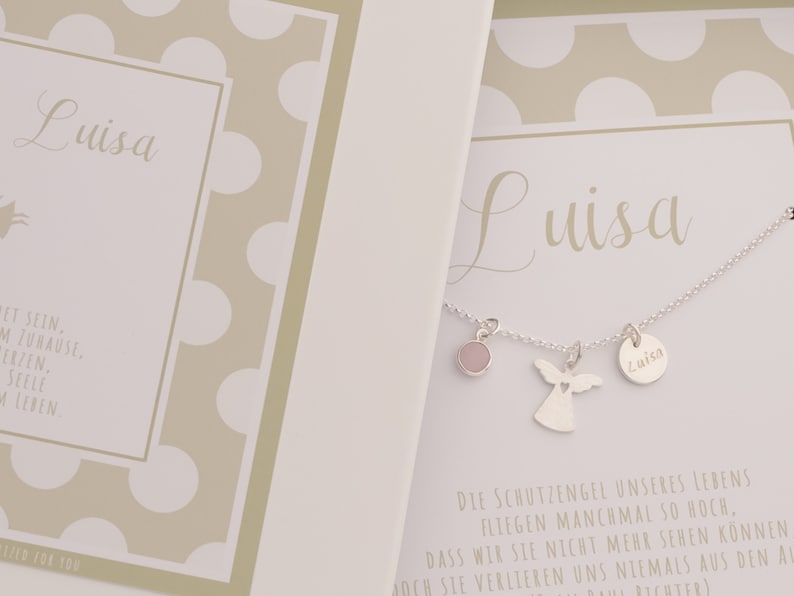 Namenskette LUISA mit Schutzengel Rosenquarz Gravur